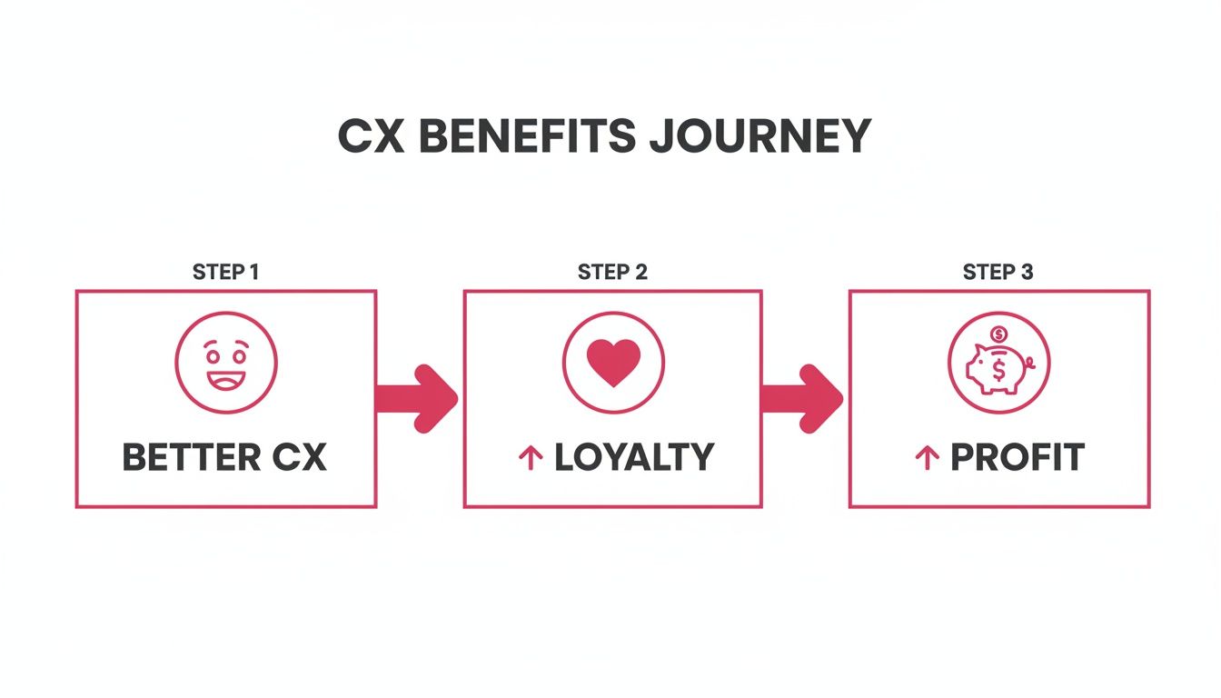 An infographic illustrating the CX Benefits Journey, showing how better customer experience leads to increased loyalty and profit.