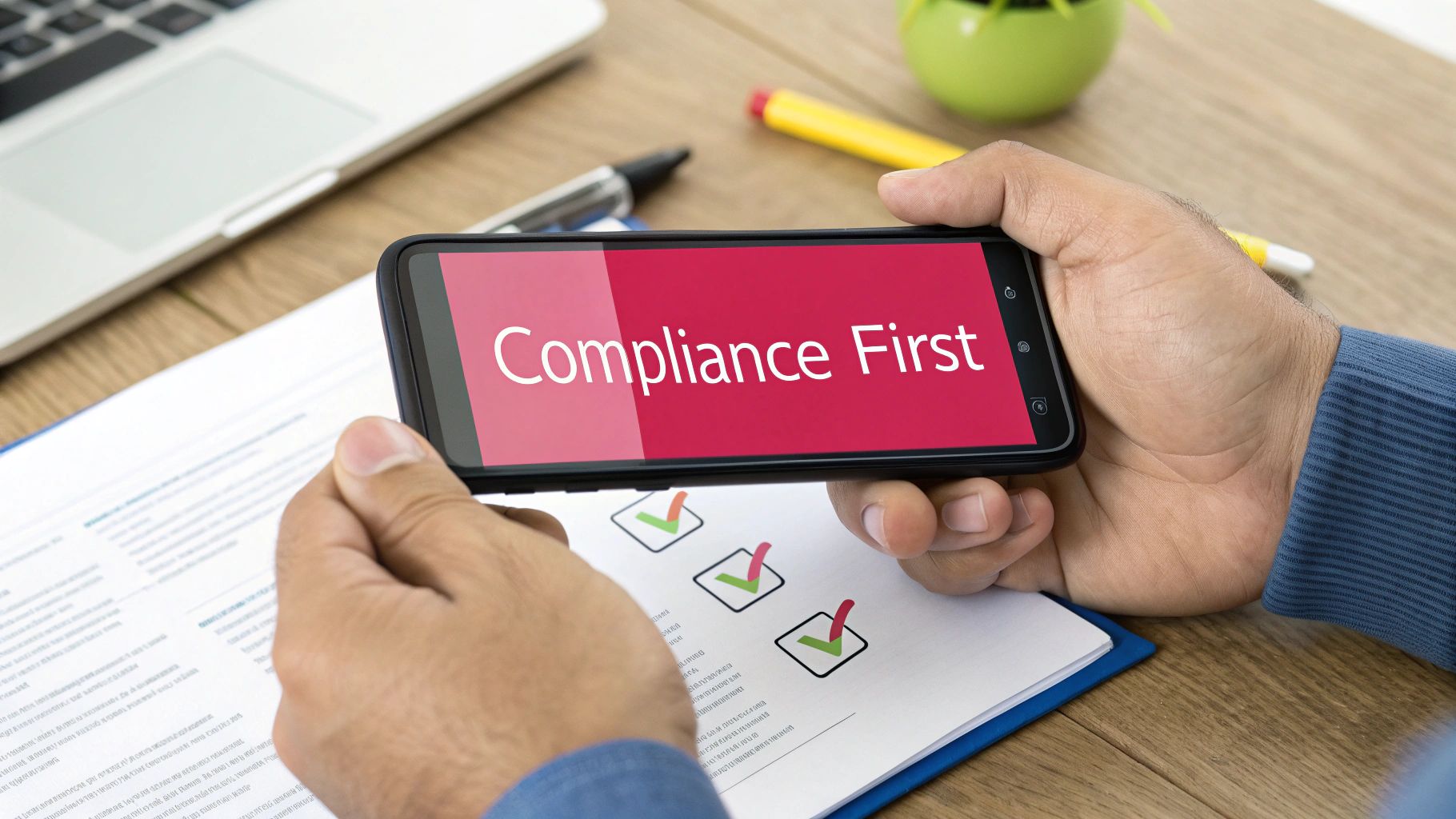 A person's hands holding a smartphone, with a checkmark icon overlaid on the screen, symbolizing compliance and best practices.
