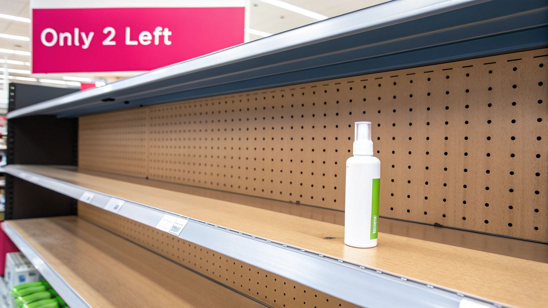 A store aisle with mostly empty shelves, a pink sign reads 'Only 2 Left', and a single spray bottle remains.