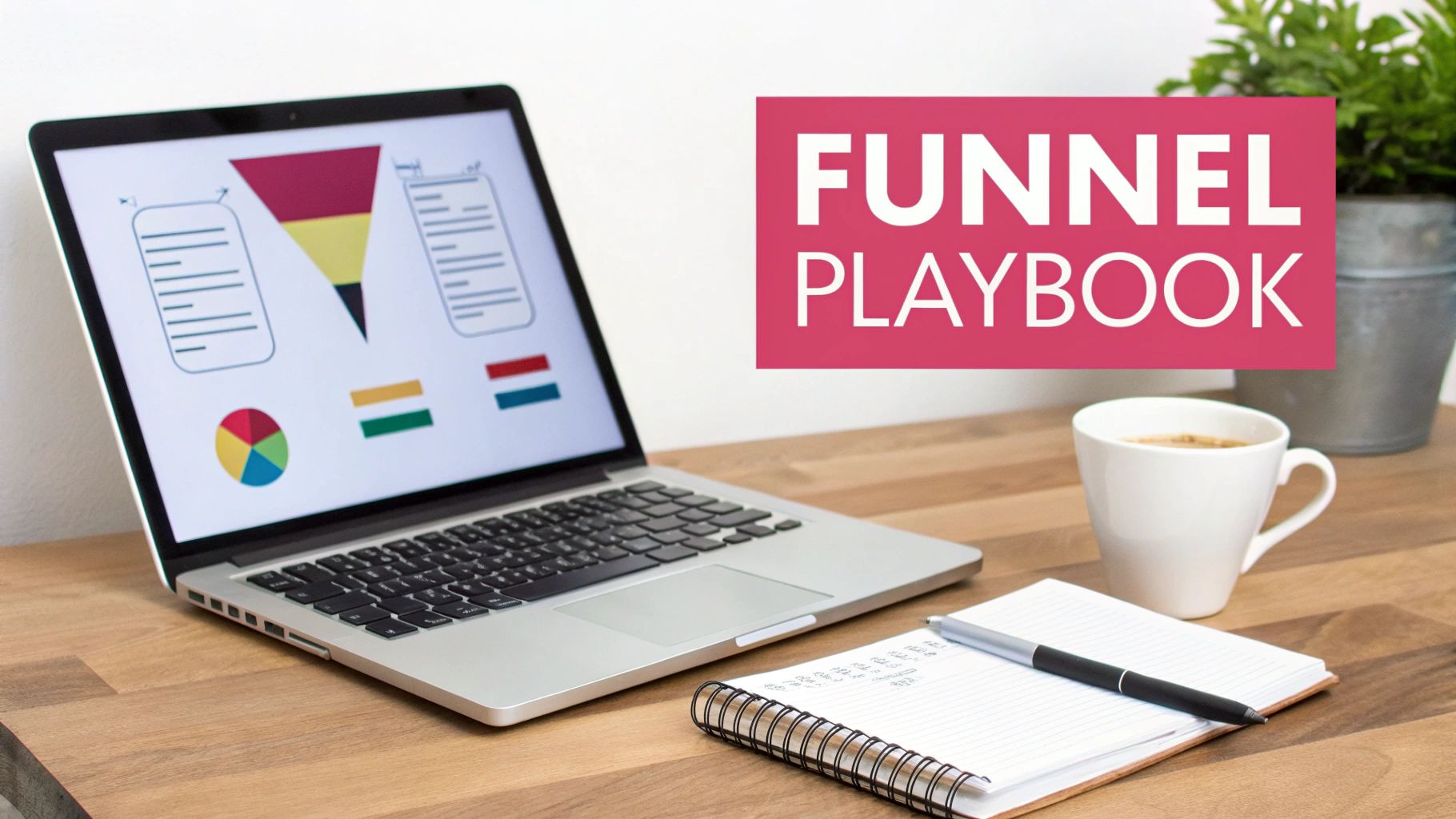 A laptop shows a sales funnel diagram and charts, with a coffee cup and notebook on a wooden desk.