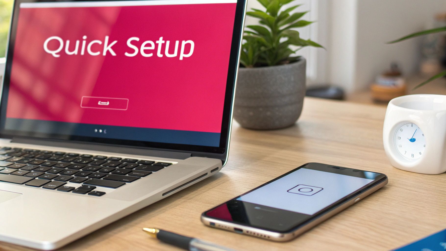 A laptop showing 'Quick Setup' on its screen next to a smartphone, pen, plant, and clock on a wooden desk.