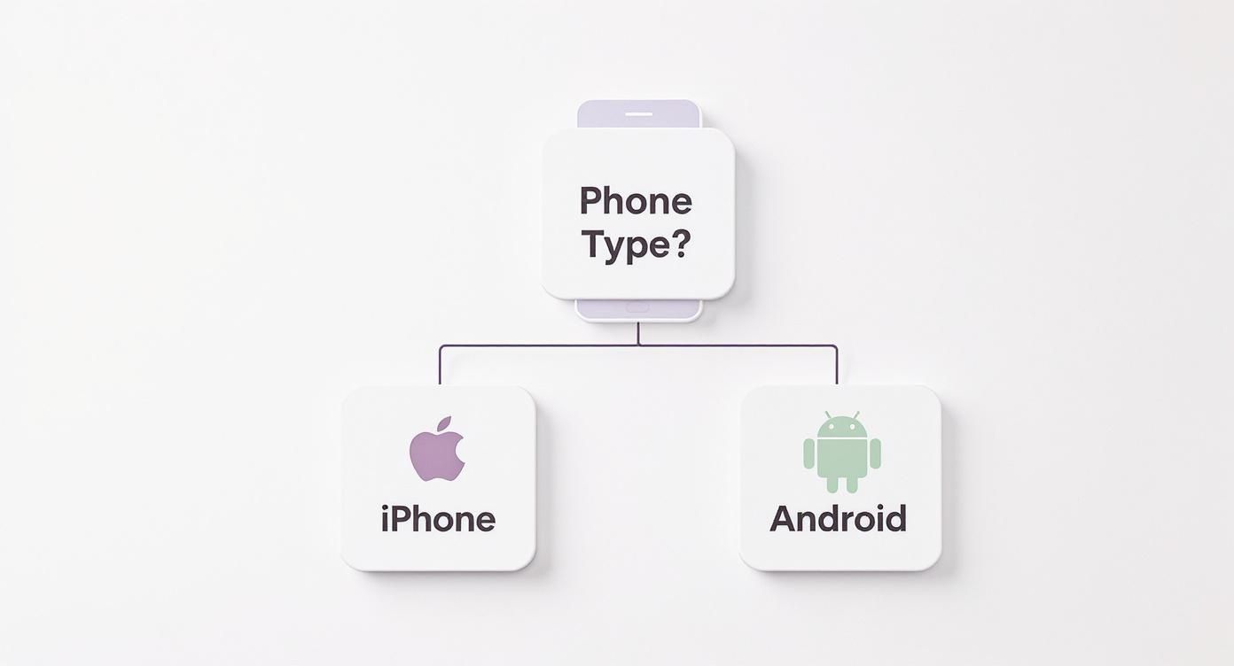 Decision tree diagram asking for phone type, offering iPhone with Apple logo and Android with robot logo.