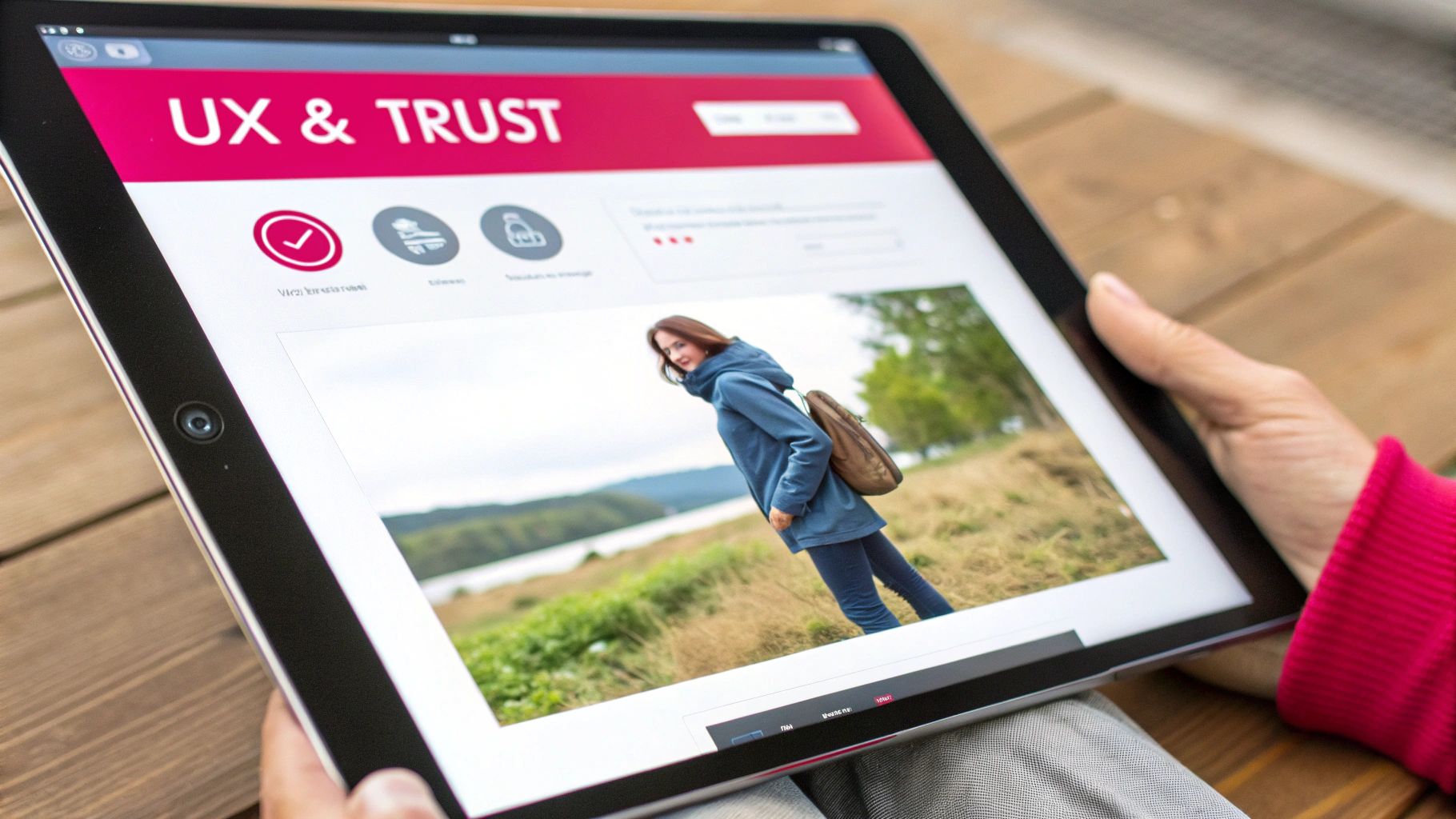 A person holds a tablet displaying a webpage titled 'UX & TRUST' with an image of a woman outdoors.