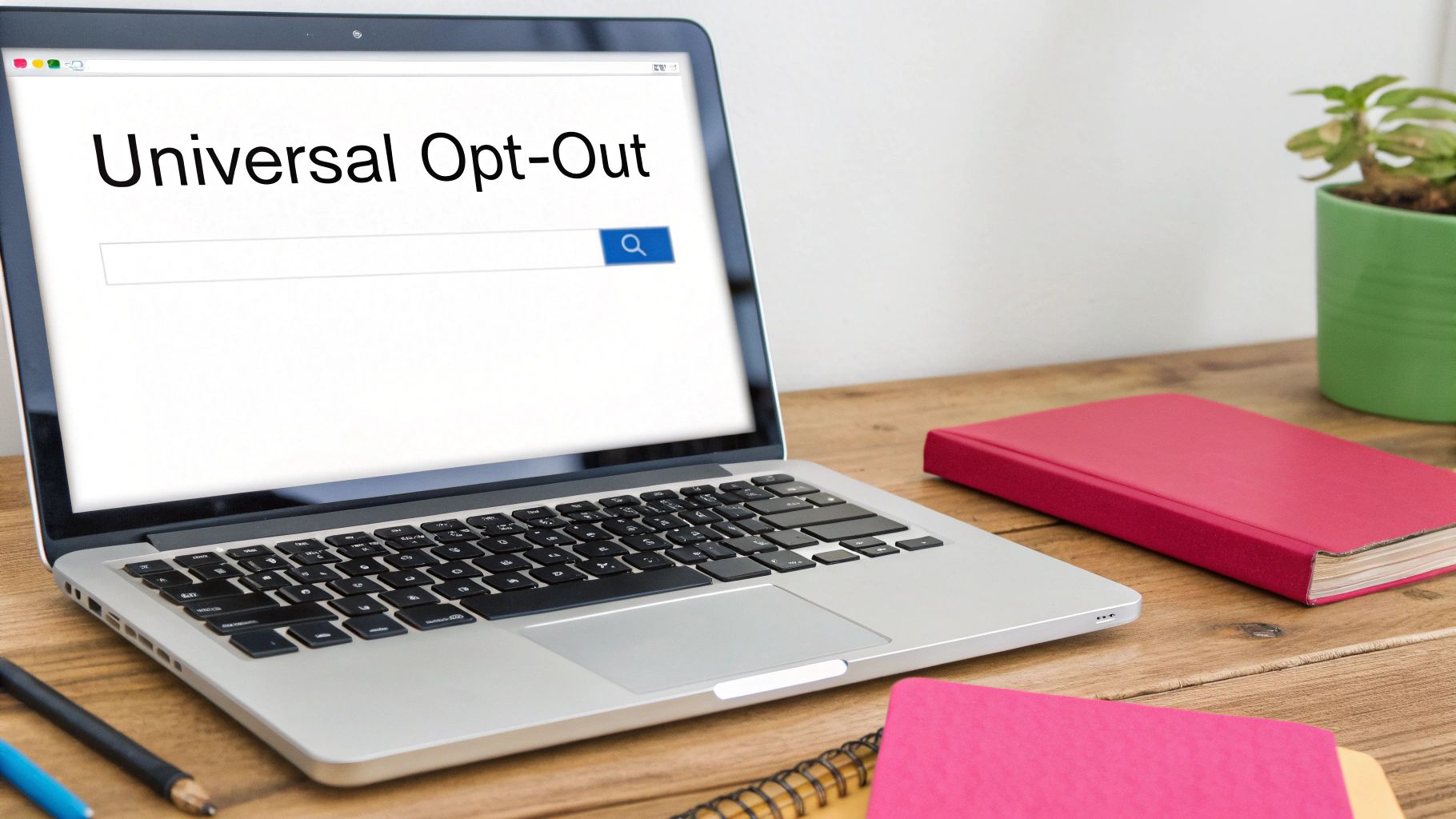 A laptop screen shows a search bar with "Universal Opt-Out" typed, on a wooden desk.