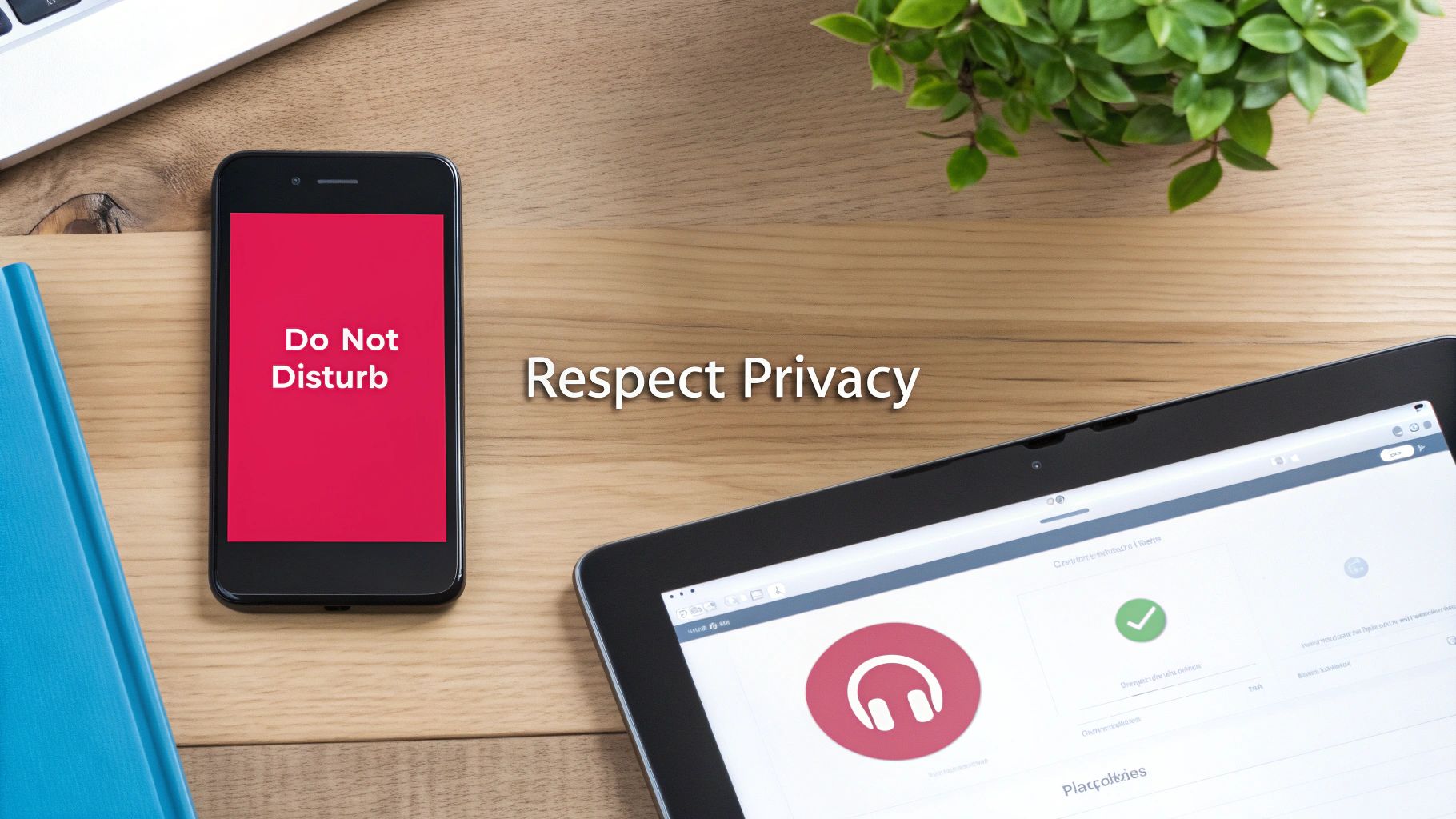 Flat lay of a desk with a smartphone showing "Do Not Disturb", a tablet, laptop, and plant, with text "Respect Privacy".