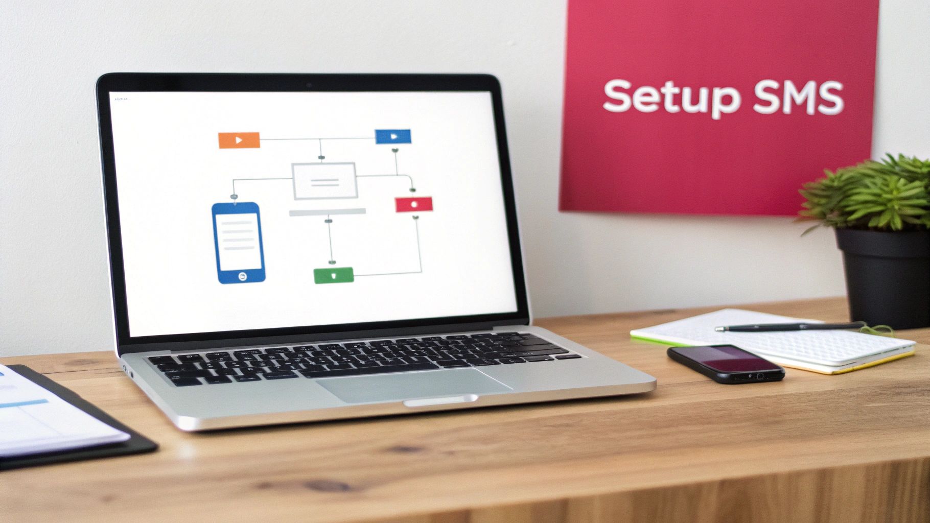 A laptop on a wooden desk displays a diagram with a smartphone, next to a 'Setup SMS' sign.
