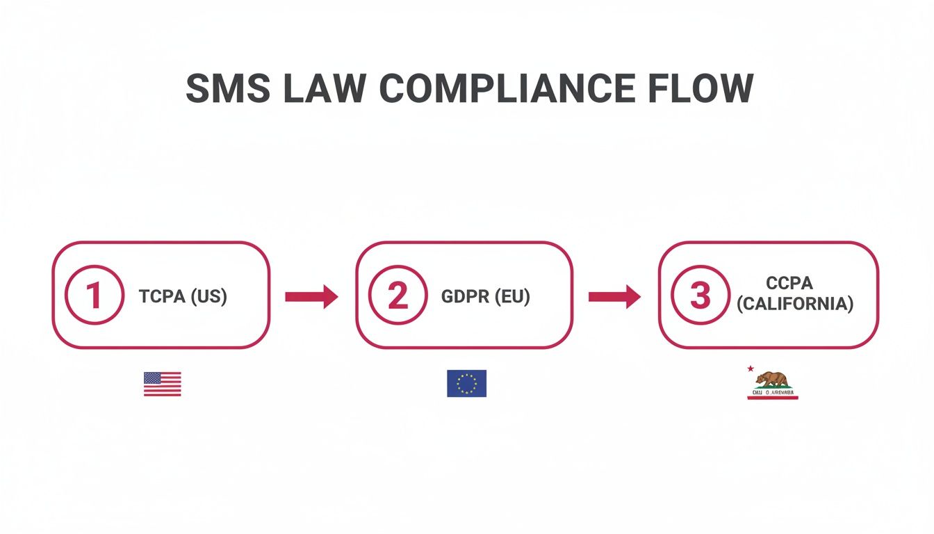 Flowchart illustrating SMS law compliance: TCPA (US), GDPR (EU), and CCPA (California).