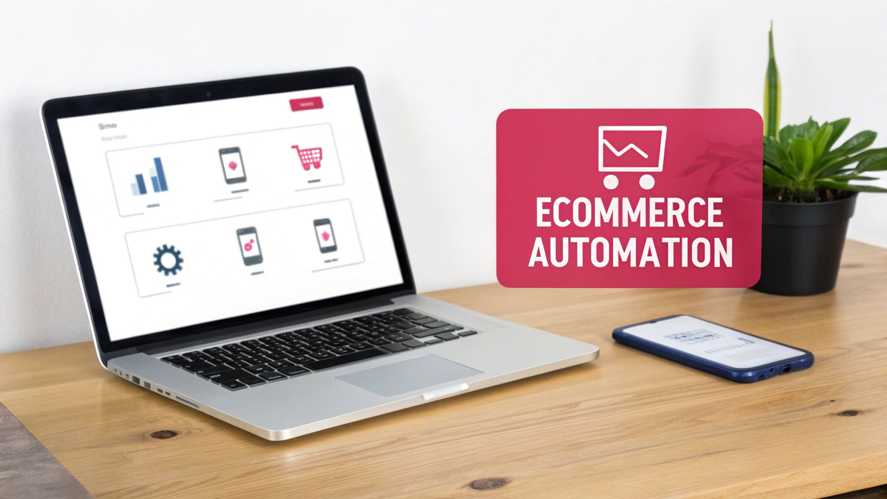 A laptop displaying an ecommerce automation dashboard with various data visualizations and app icons, on a wooden desk with a smartphone.