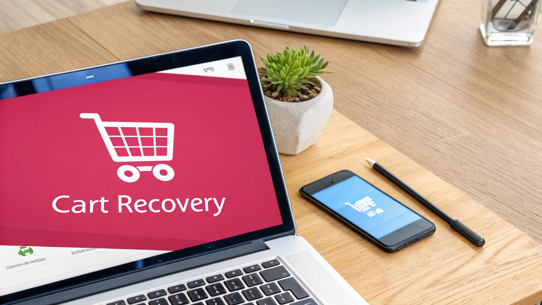 Laptop displaying 'Cart Recovery' with a shopping cart icon, beside a smartphone on a wooden desk.