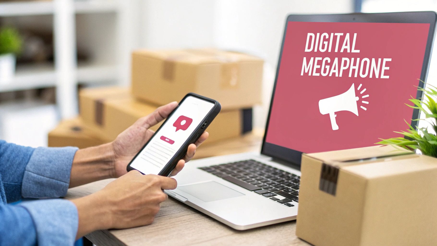 Close-up of hands holding a smartphone next to a laptop displaying "Digital Megaphone" and delivery boxes.