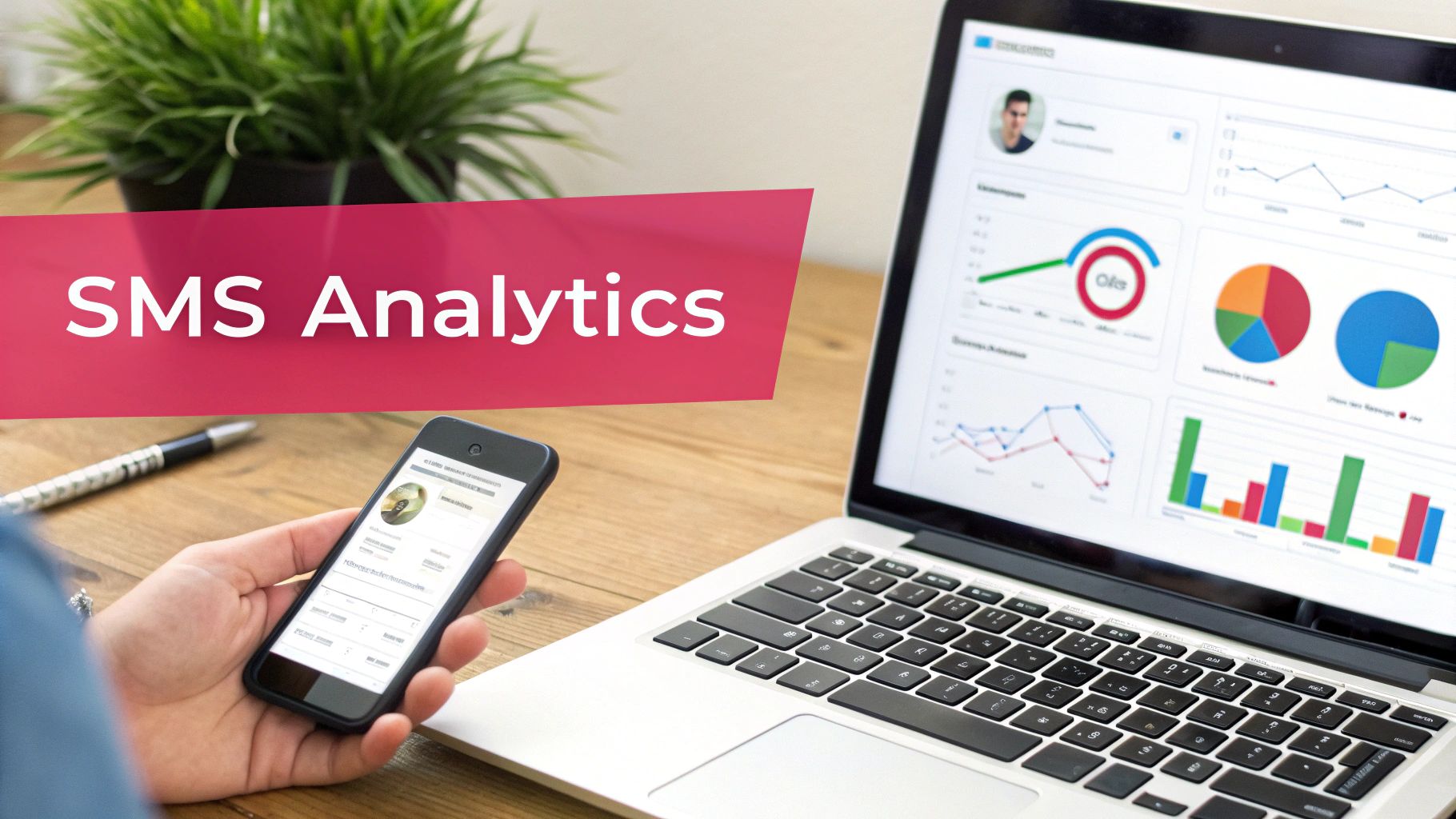 A person views SMS analytics on a smartphone and laptop displaying charts and graphs.
