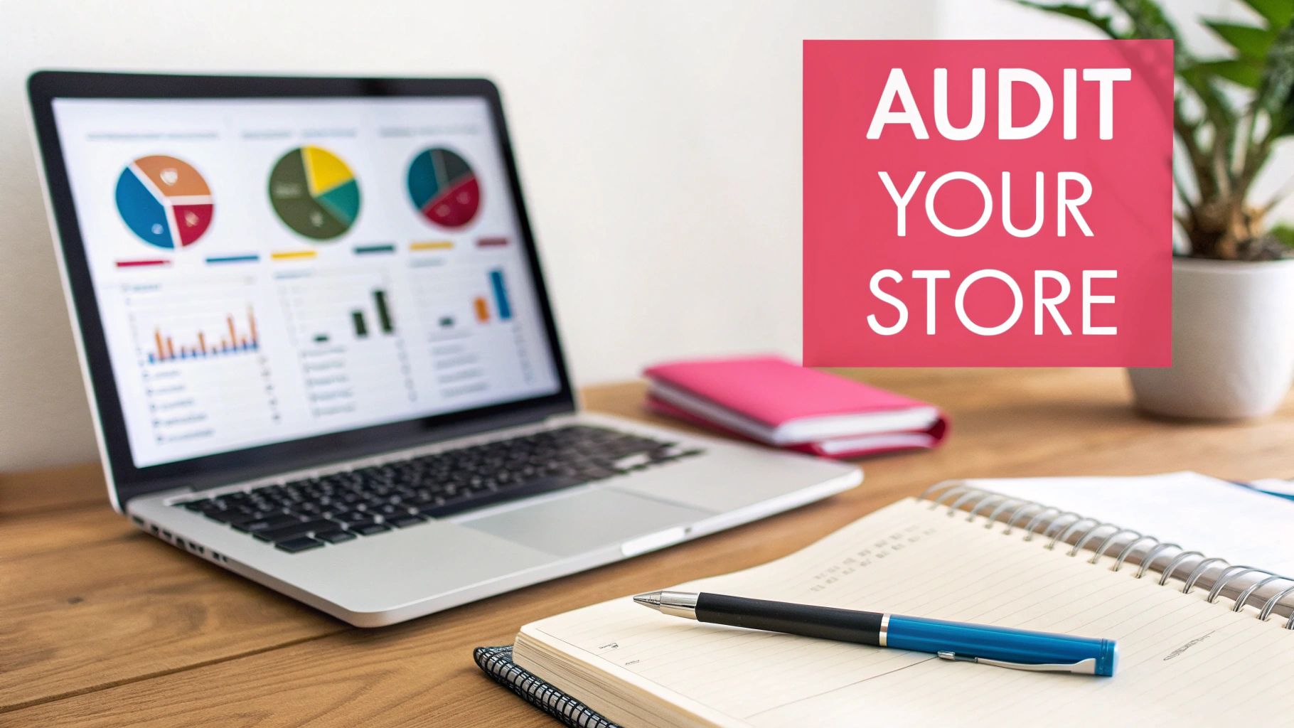 Laptop displaying analytics charts with audit your store sign and notebook on desk