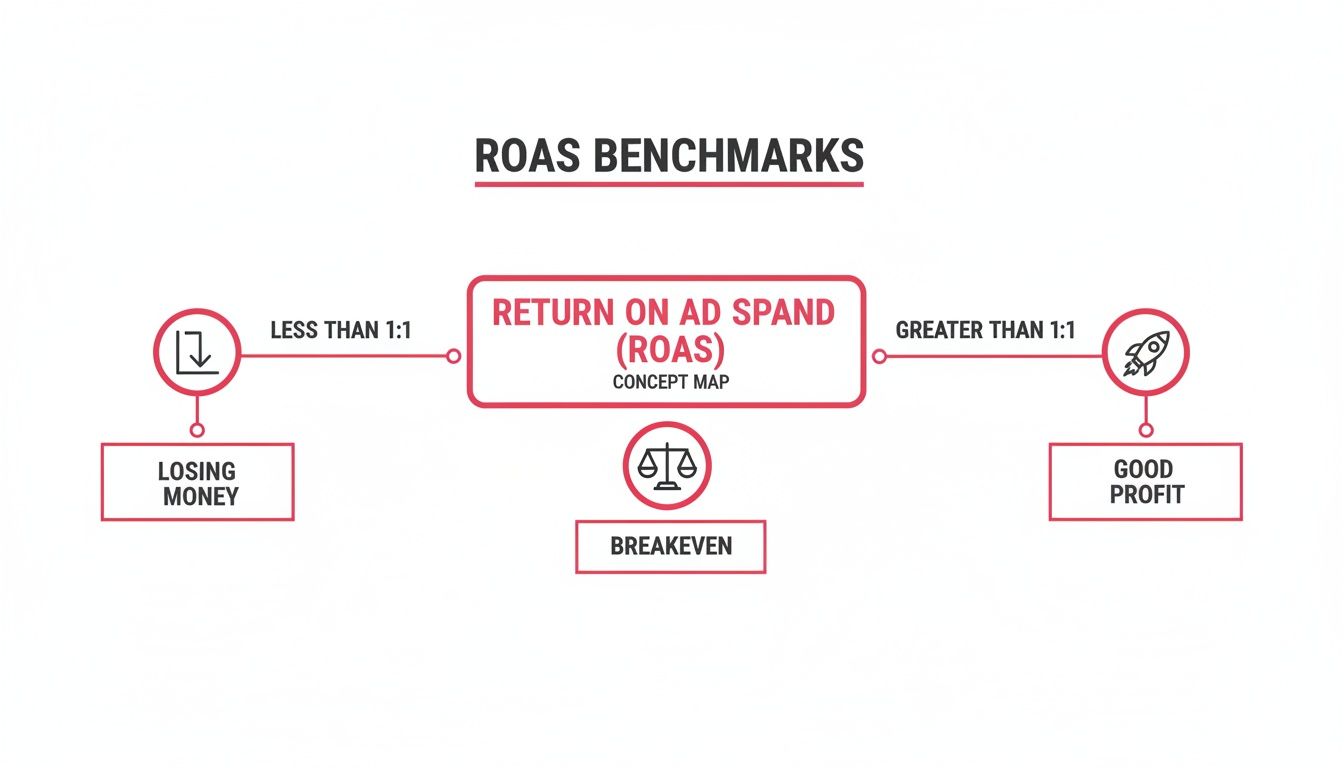 A ROAS benchmarks concept map defining return on ad spend outcomes: losing money, breakeven, and good profit.