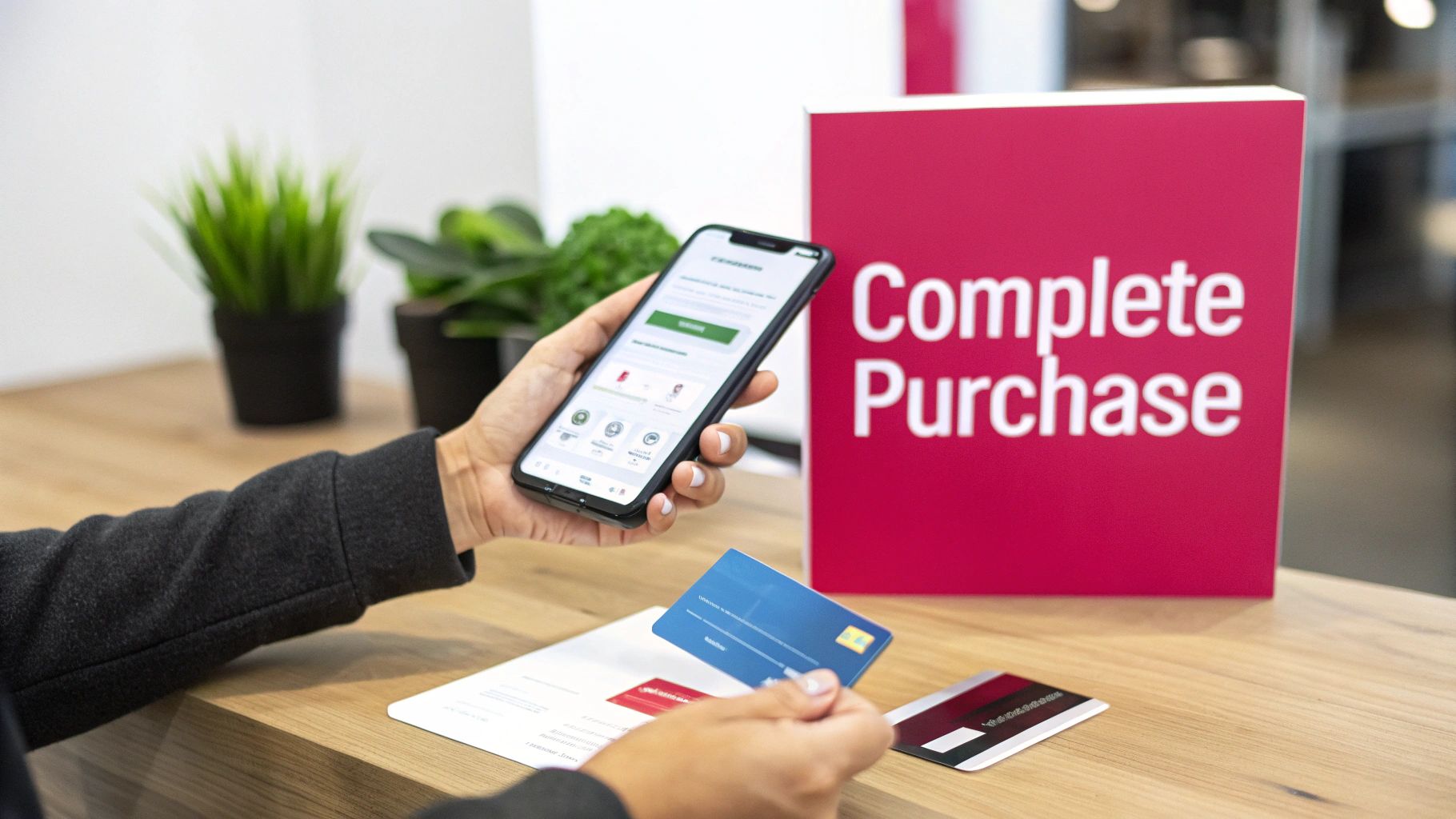 A person uses a smartphone and holds a blue credit card near a 'Complete Purchase' sign.