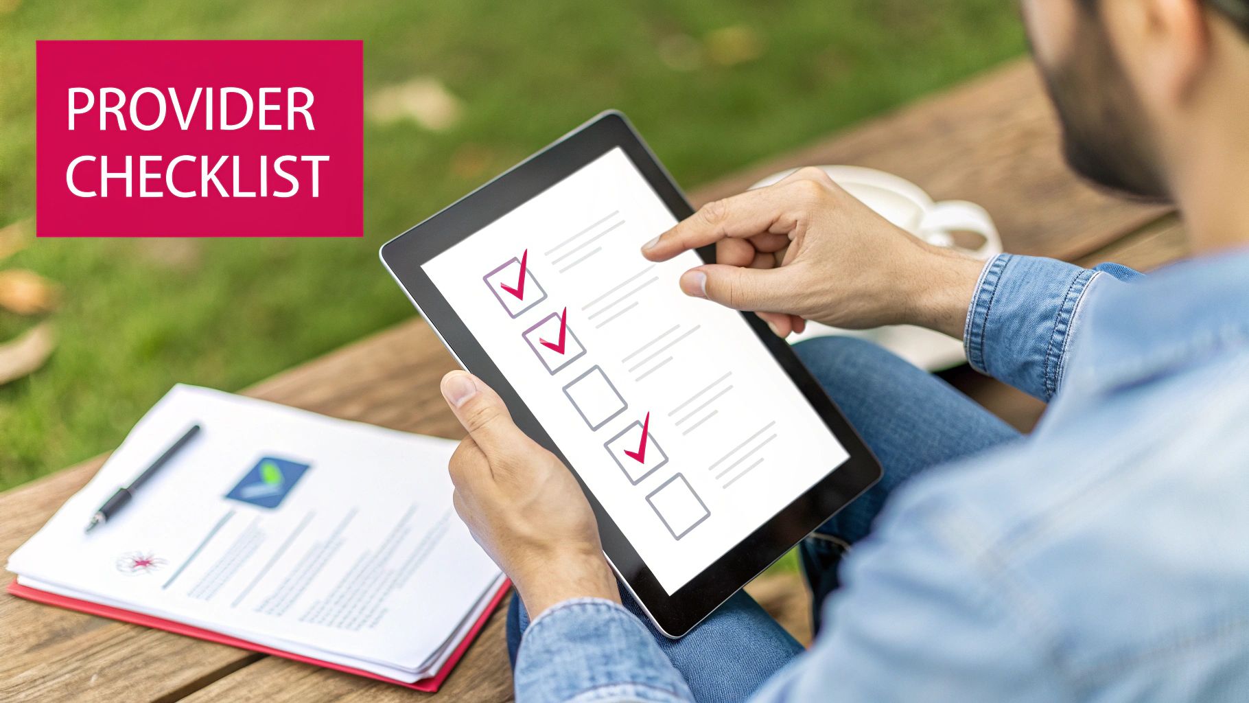 A person checks items on a digital provider checklist on a tablet, with a document nearby.
