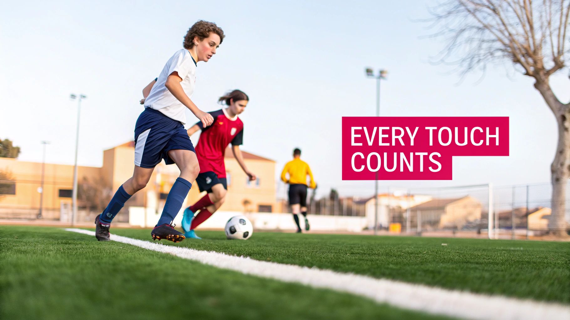 Two male soccer players on a green field with a ball and 'EVERY TOUCH COUNTS' text.