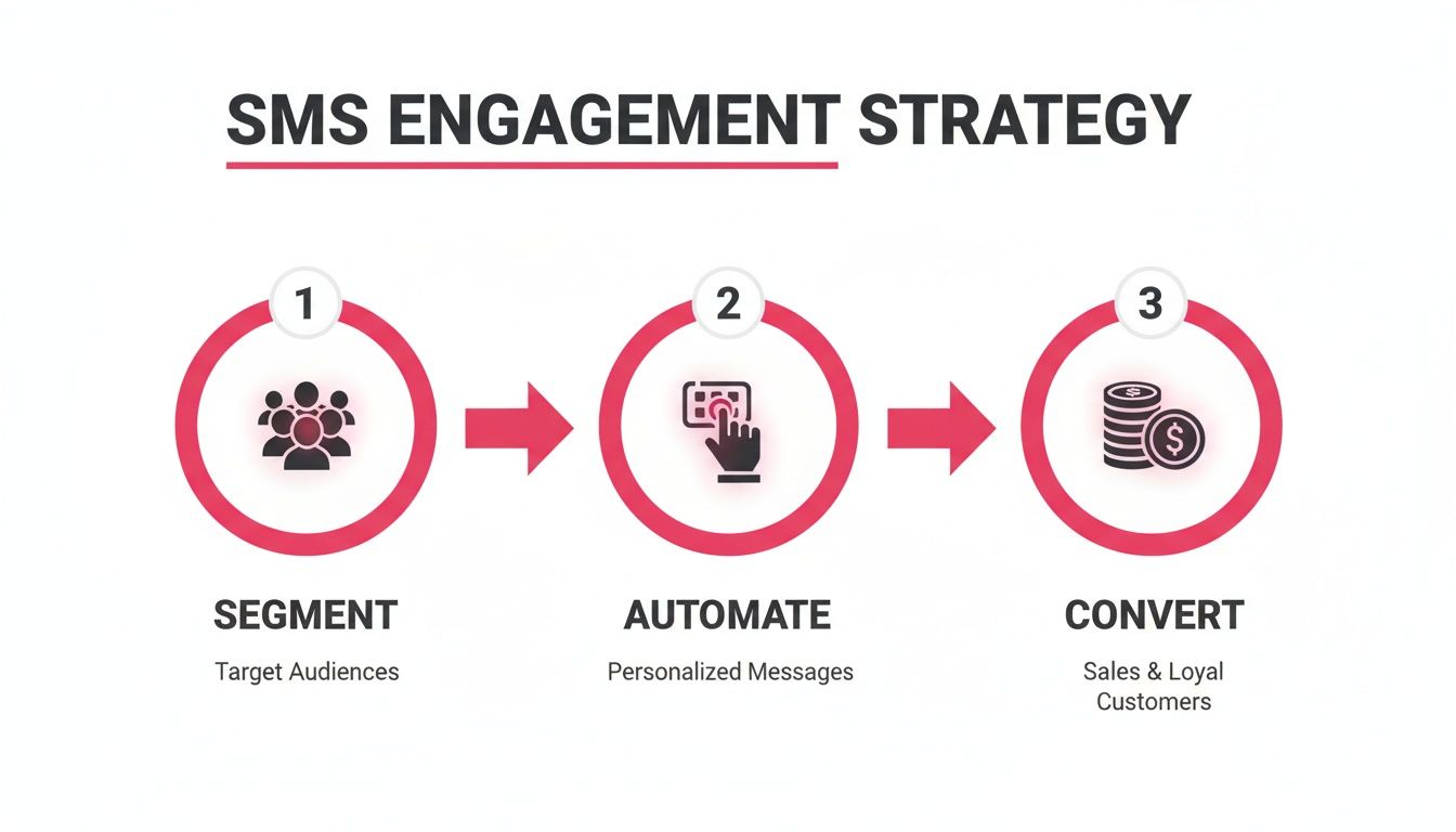 An SMS engagement strategy diagram outlining three steps: segment, automate personalized messages, and convert customers.