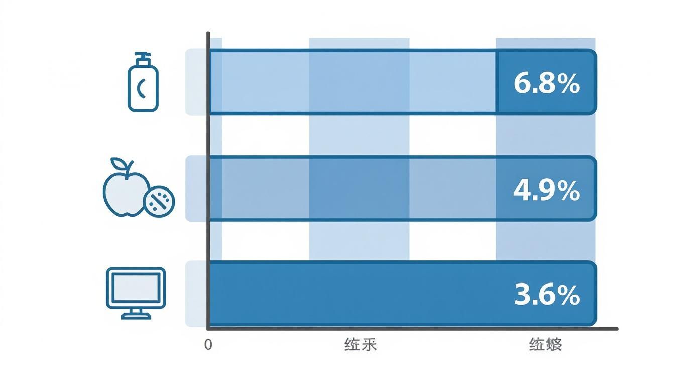 Infographic showing ecommerce conversion rates for Personal Care (6.8%), Food (4.9%), and Electronics (3.6%)