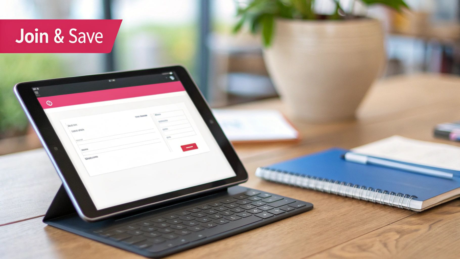 A tablet displays an online form with a keyboard, notebook, and pen on a wooden desk, featuring a 'Join & Save' banner.