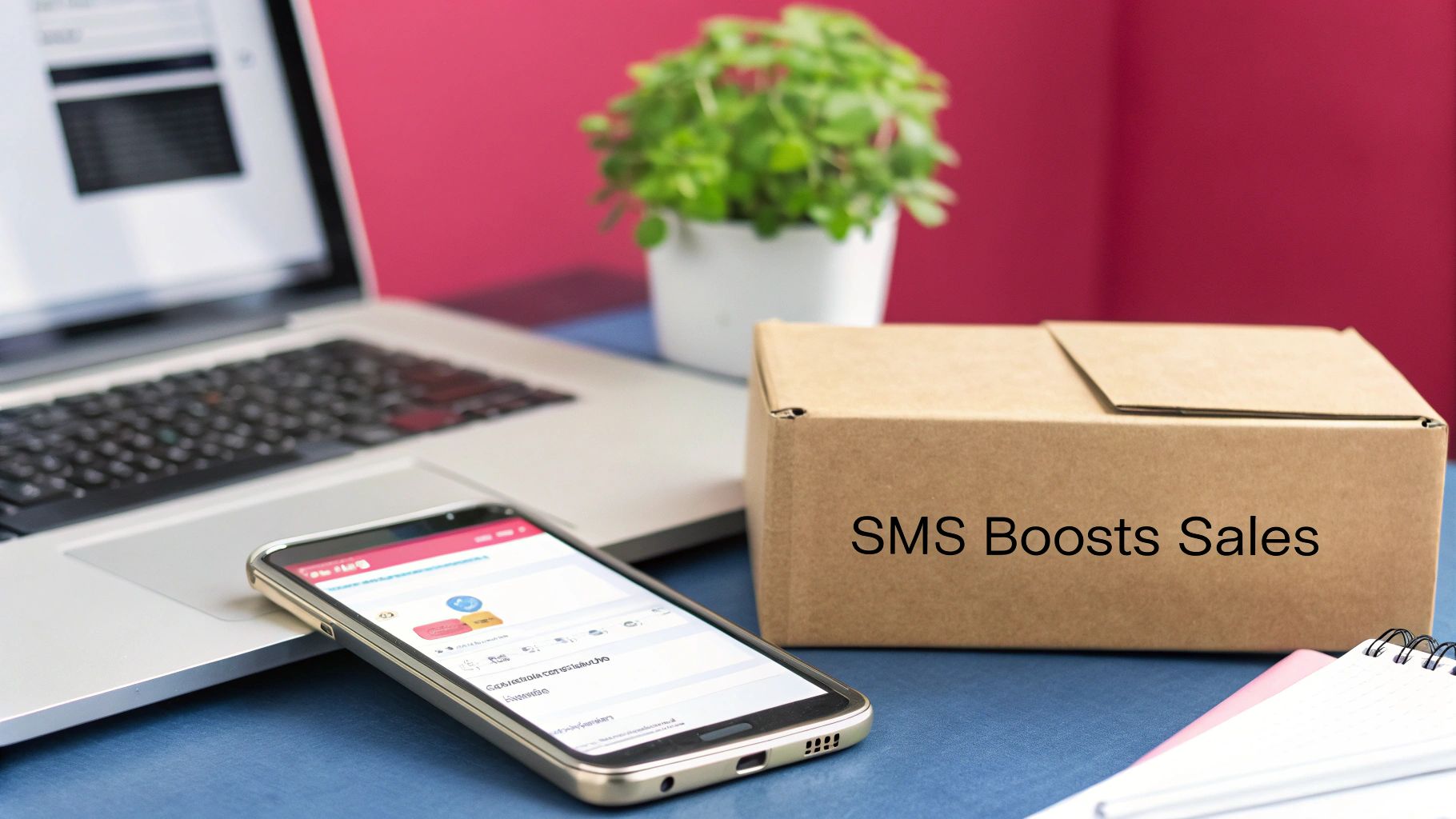 A modern workspace with a laptop, smartphone, and a box stating 'SMS Boosts Sales', highlighting digital marketing.