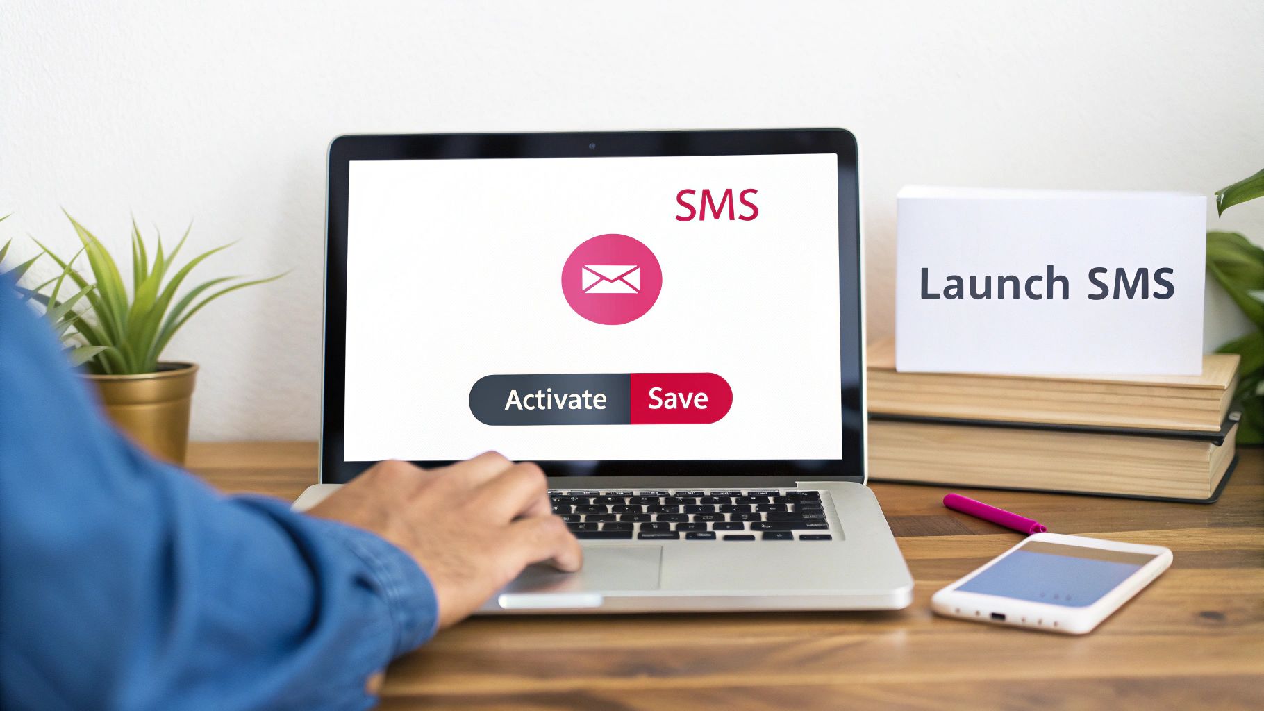 Person's hands on a laptop displaying an SMS application screen with Activate and Save buttons.