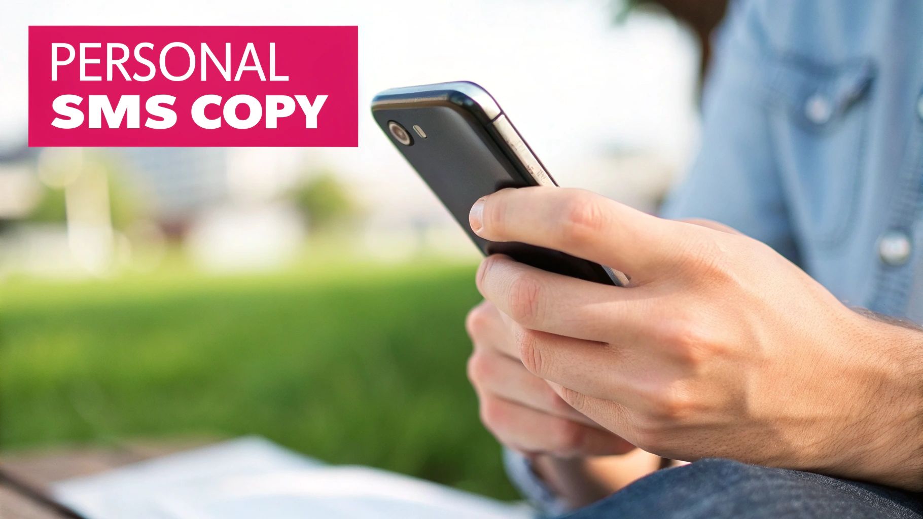 Close-up of a person's hands texting on a black smartphone outdoors, with a 'PERSONAL SMS COPY' banner.