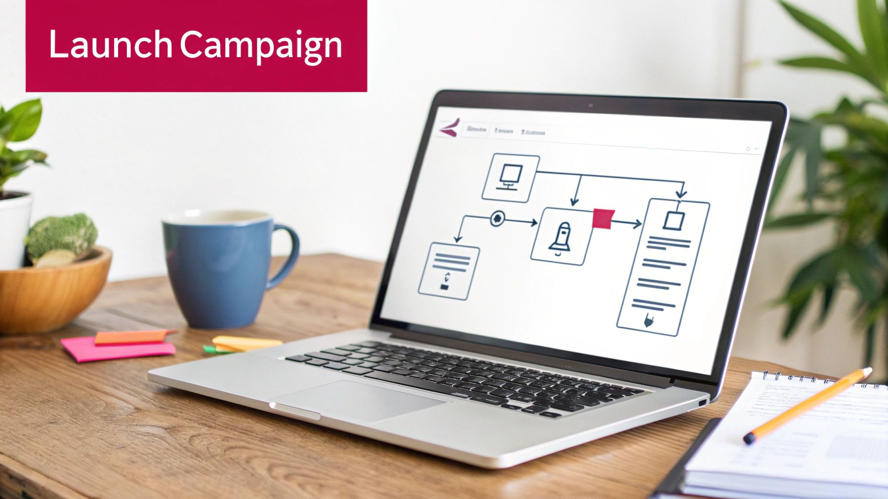 A laptop on a wooden desk displays a flowchart for a 'Launch Campaign', alongside a mug and plants.