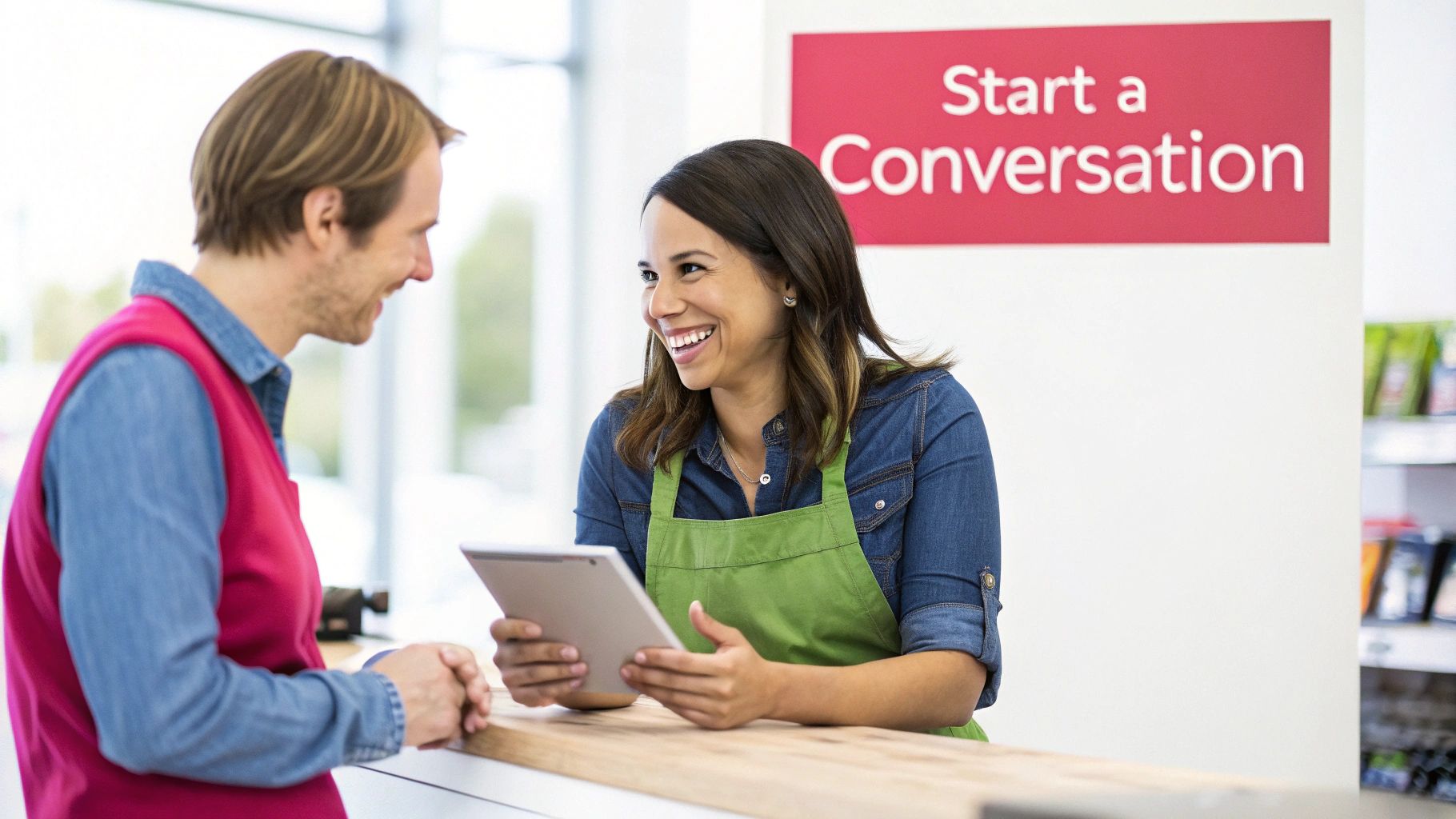 An enthusiastic store employee smiles while discussing information on a tablet with a happy customer at a counter.