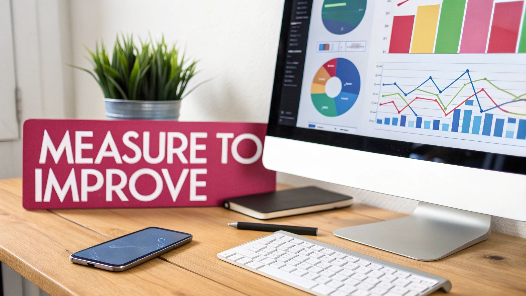 A desk setup with a computer displaying data analytics charts, a 'Measure to Improve' sign, phone, keyboard, and a plant.