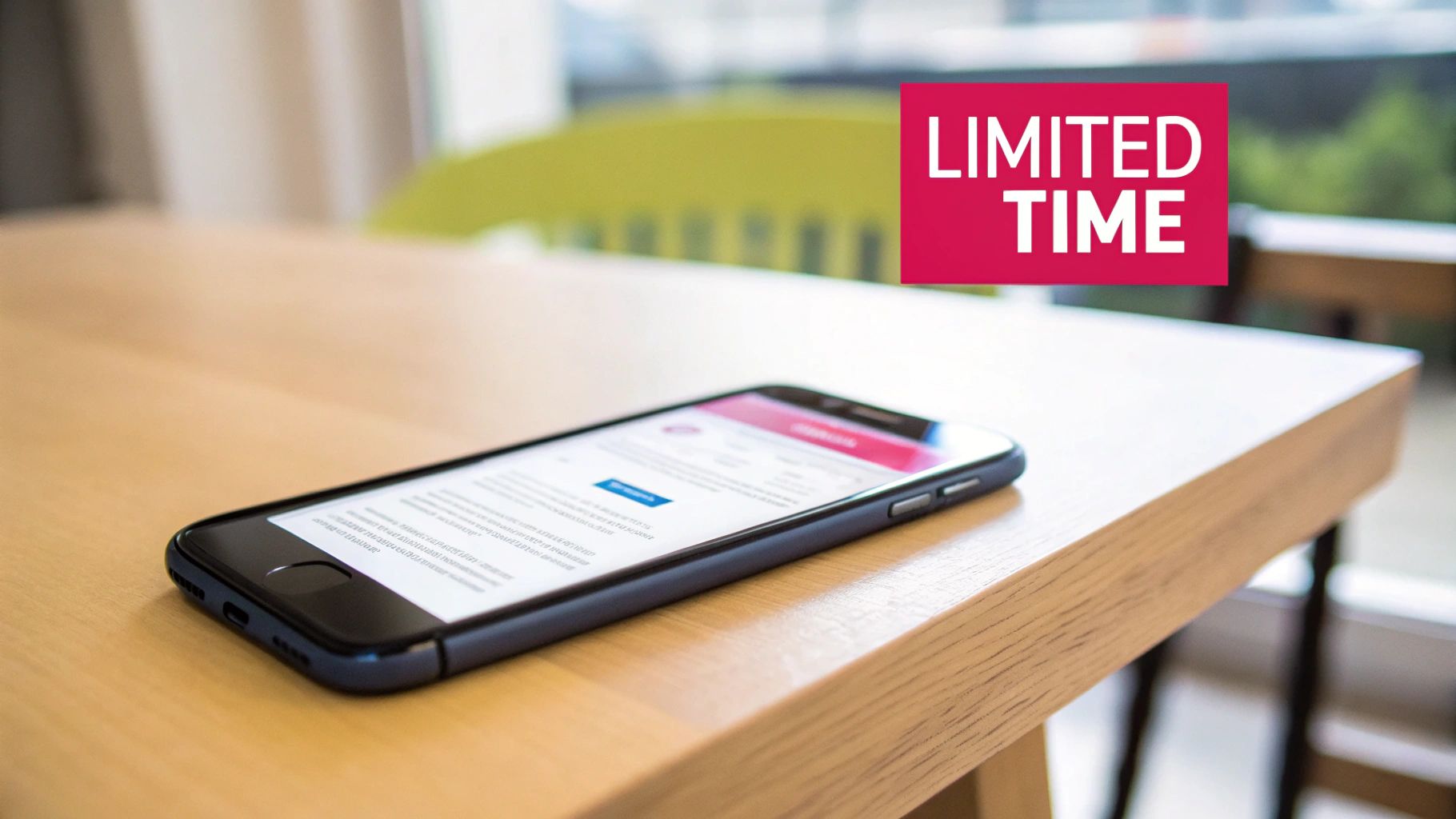 A smartphone lies on a wooden table, displaying a mobile offer beneath a prominent 'LIMITED TIME' banner.