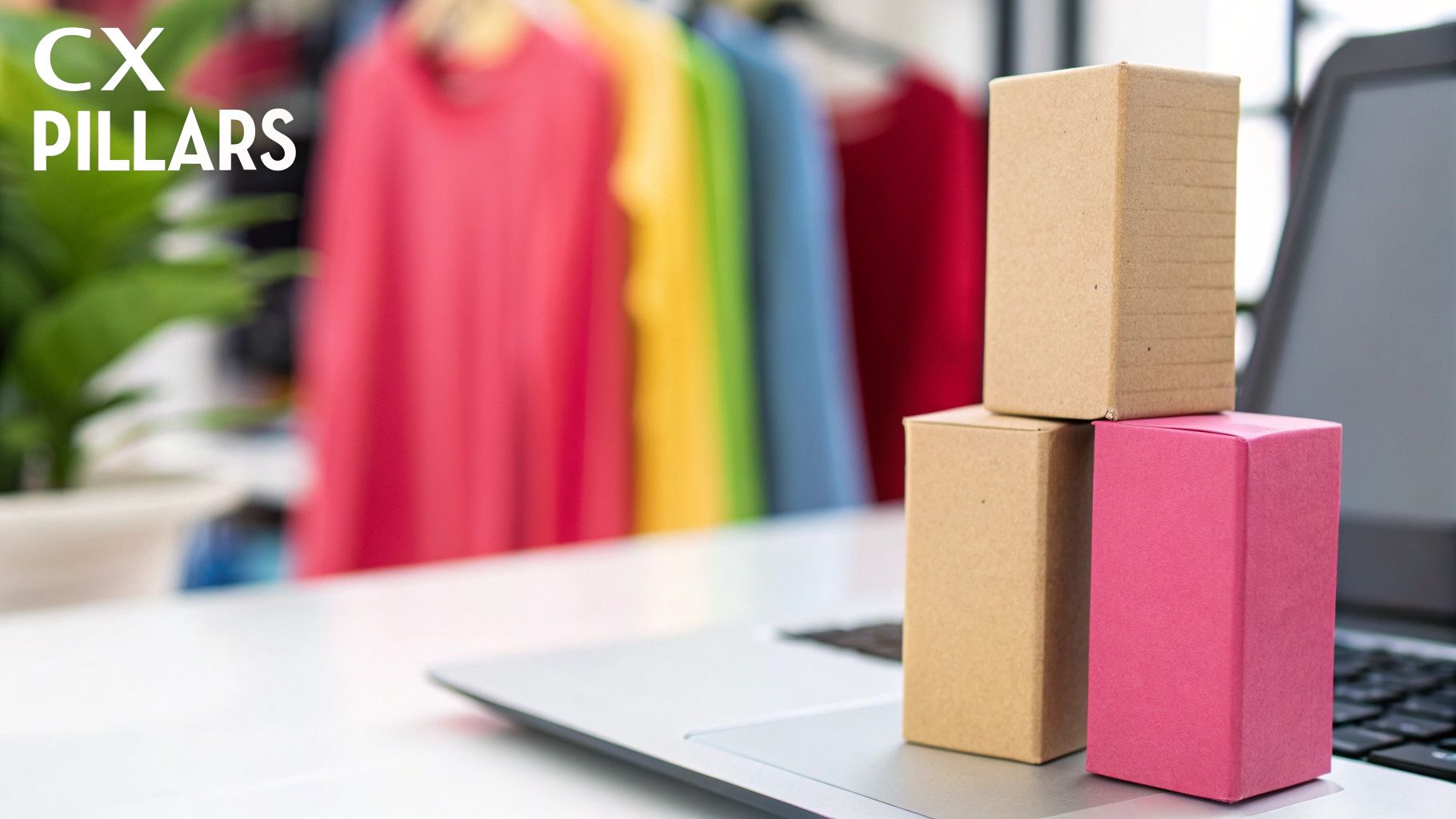 Small shipping boxes on a laptop keyboard with colorful clothes and a plant in the background, labeled 'CX Pillars'.