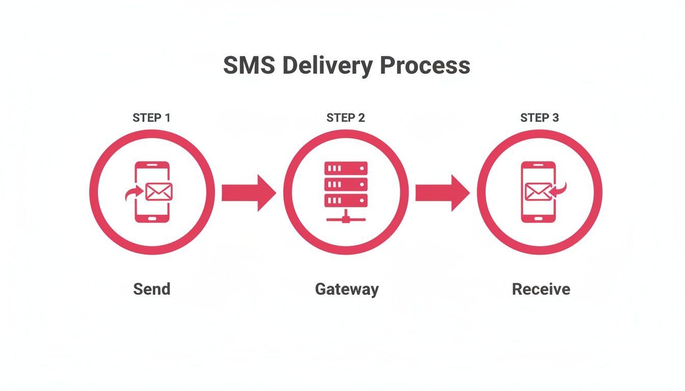 A diagram illustrating the three steps of an SMS delivery process: sending, gateway, and receiving messages.