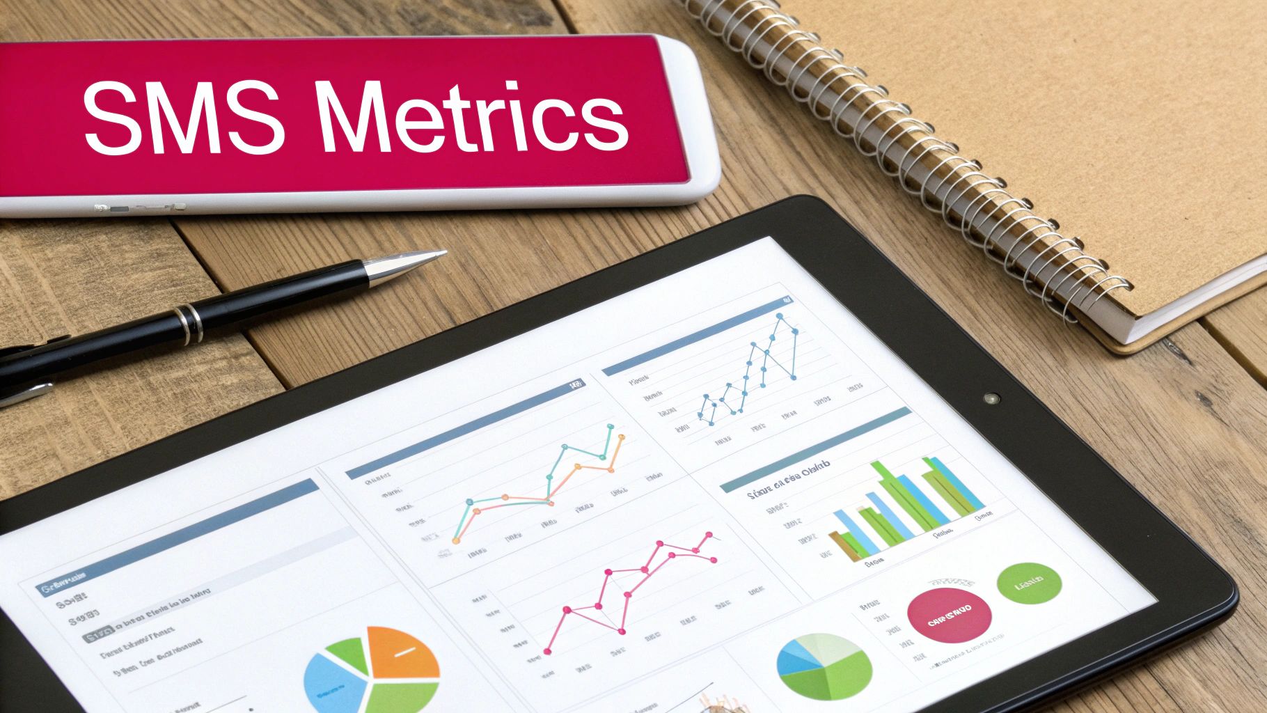 Smartphone showing 'SMS Metrics' alongside a tablet displaying various data charts and graphs.