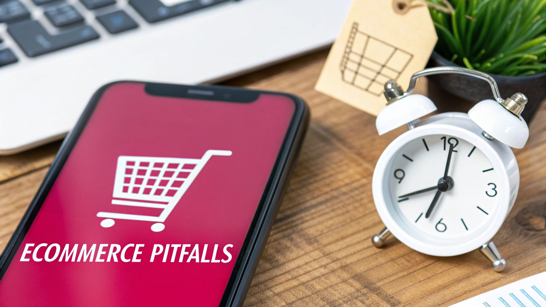 Smartphone displays 'ECOMMERCE PITFALLS' with a shopping cart icon, next to an alarm clock.
