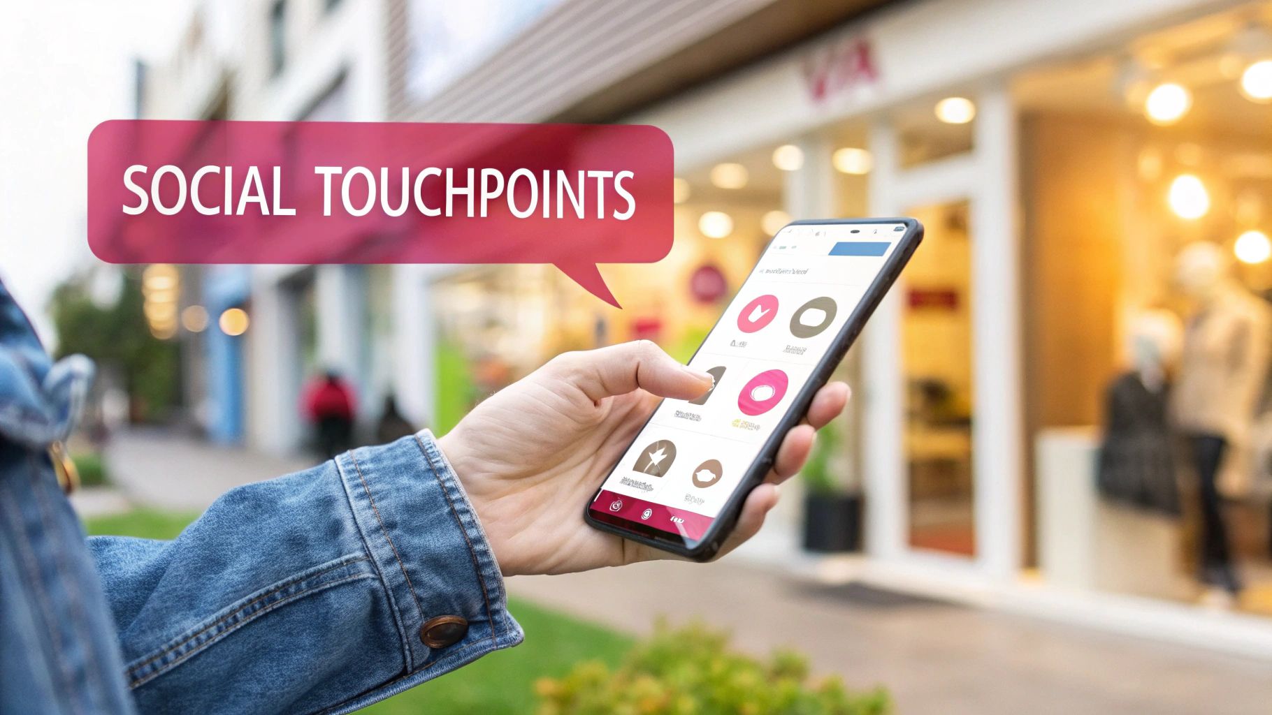 Hand holding a smartphone displaying app icons with a 'SOCIAL TOUCHPOINTS' bubble, blurred street and shops background.