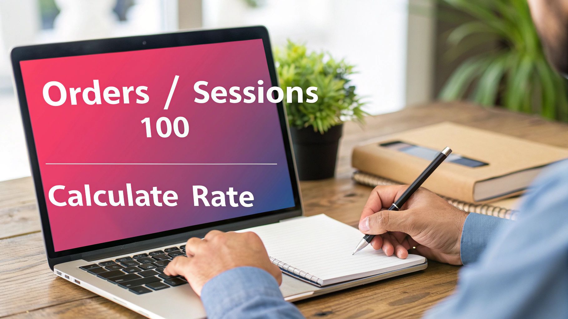 Person calculating business metrics on a laptop showing 'Orders / Sessions 100' and writing in a notebook.
