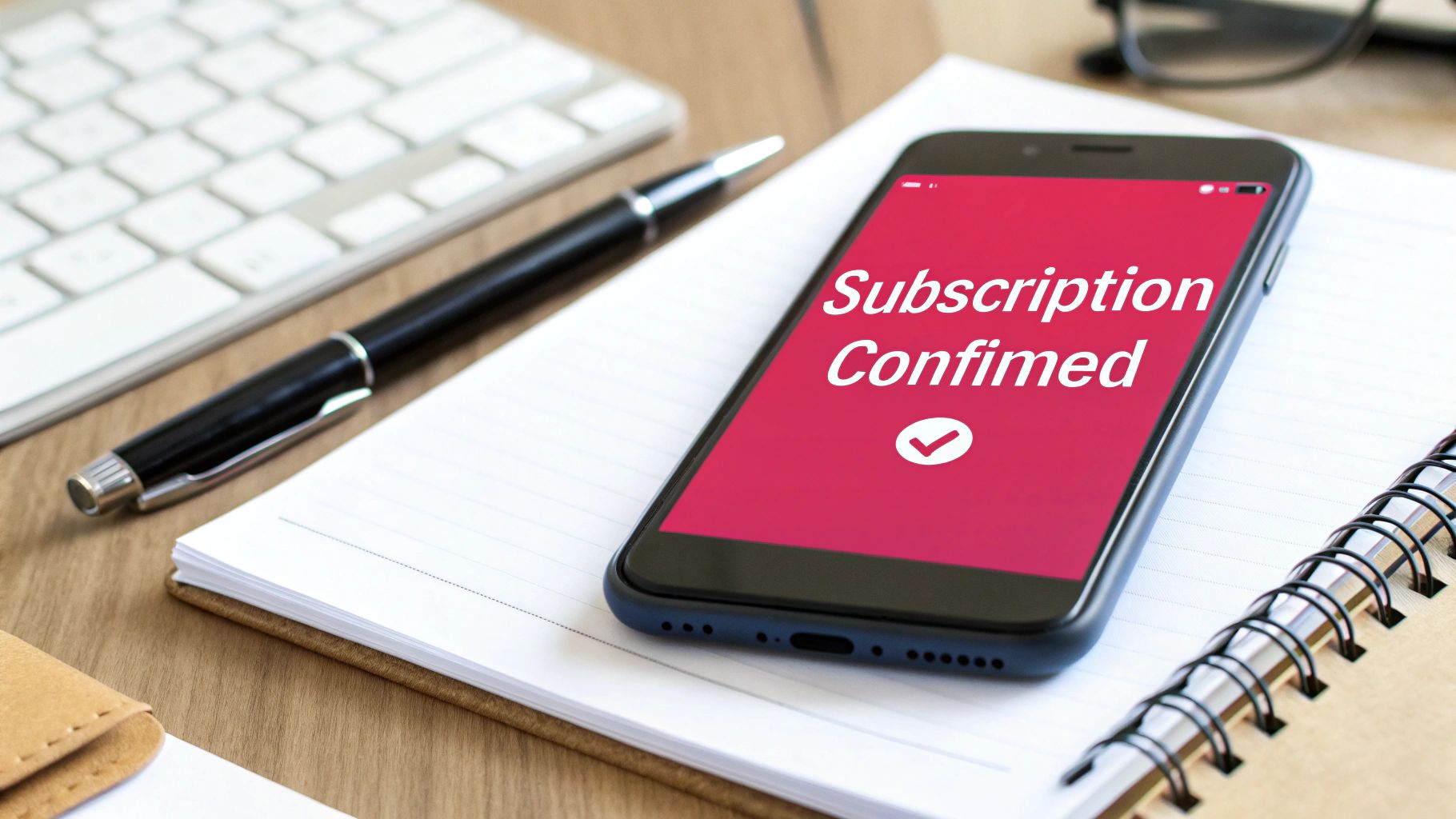 A smartphone screen showing 'Subscription Confirmed' with a checkmark, on a notebook beside a pen and keyboard.