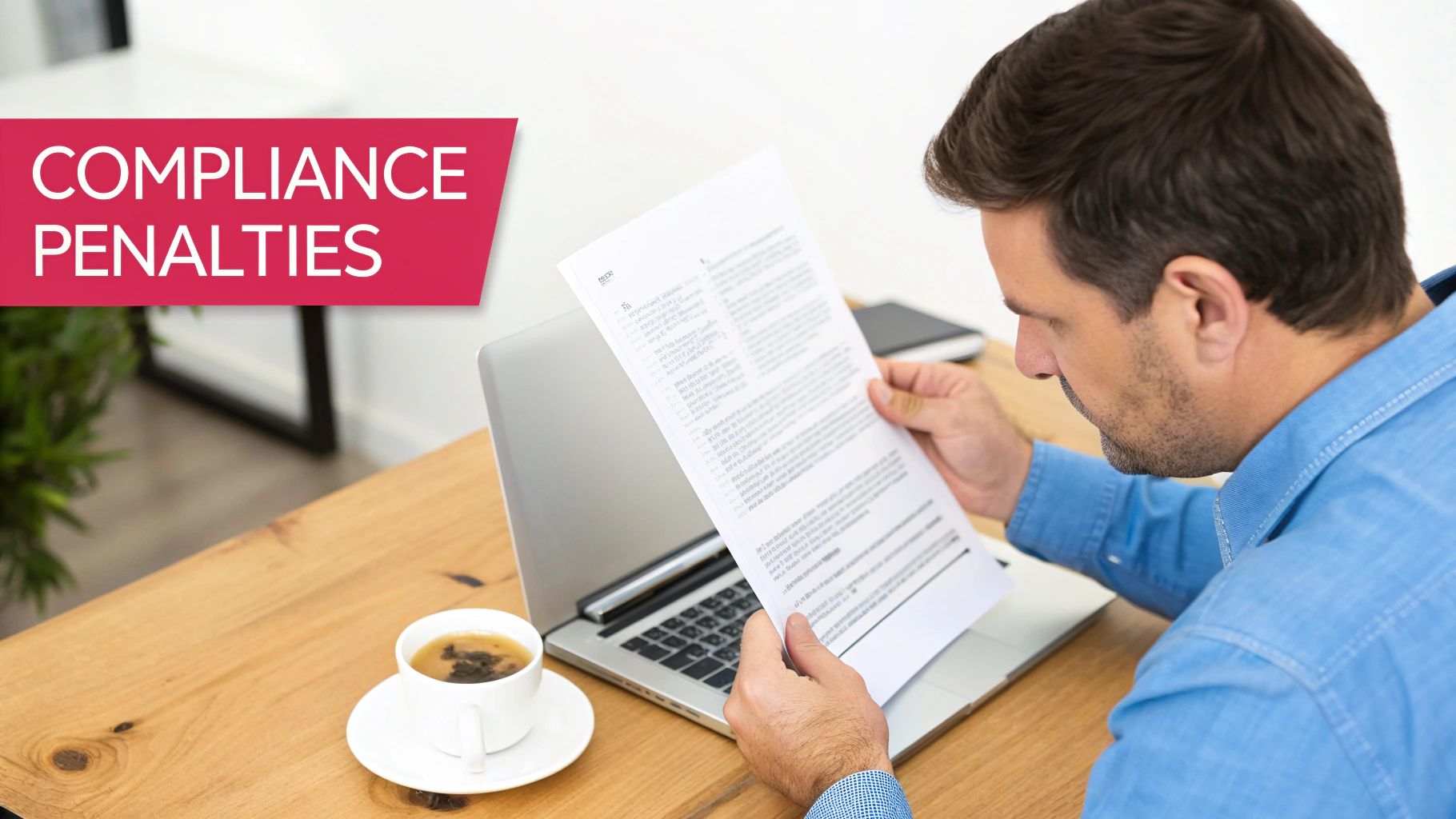 A man in a blue shirt reads a document titled 'COMPLIANCE PENALTIES' at a wooden desk with a laptop and tea.