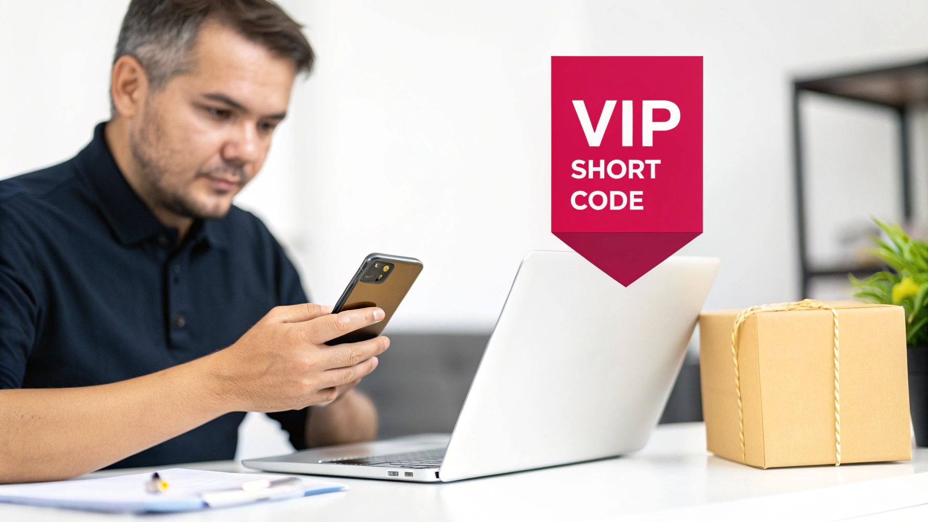 A man uses his smartphone and laptop, with a prominent red 'VIP SHORT CODE' banner.