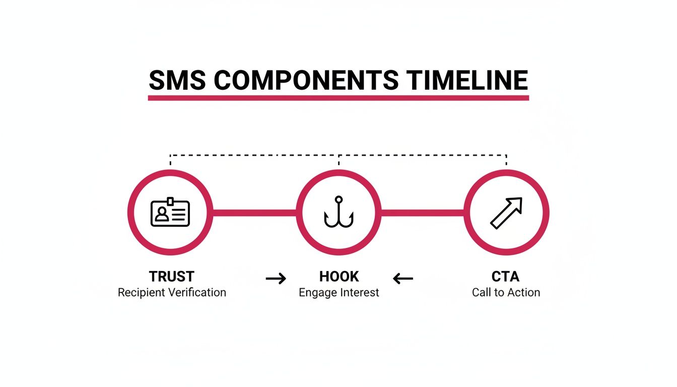 Infographic outlining SMS components timeline: Trust, Hook, and Call to Action with descriptions.