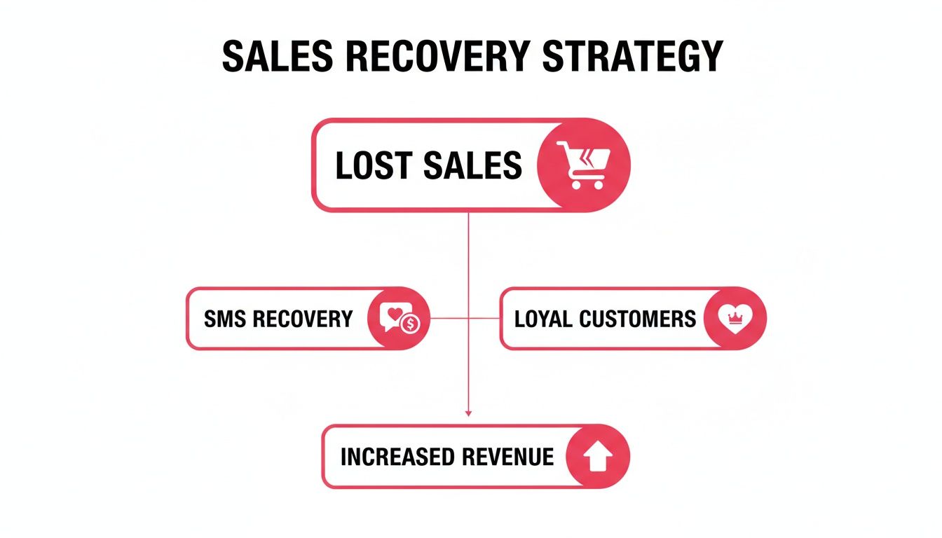 A sales recovery strategy diagram showing lost sales leading to SMS recovery and loyal customers, resulting in increased revenue.