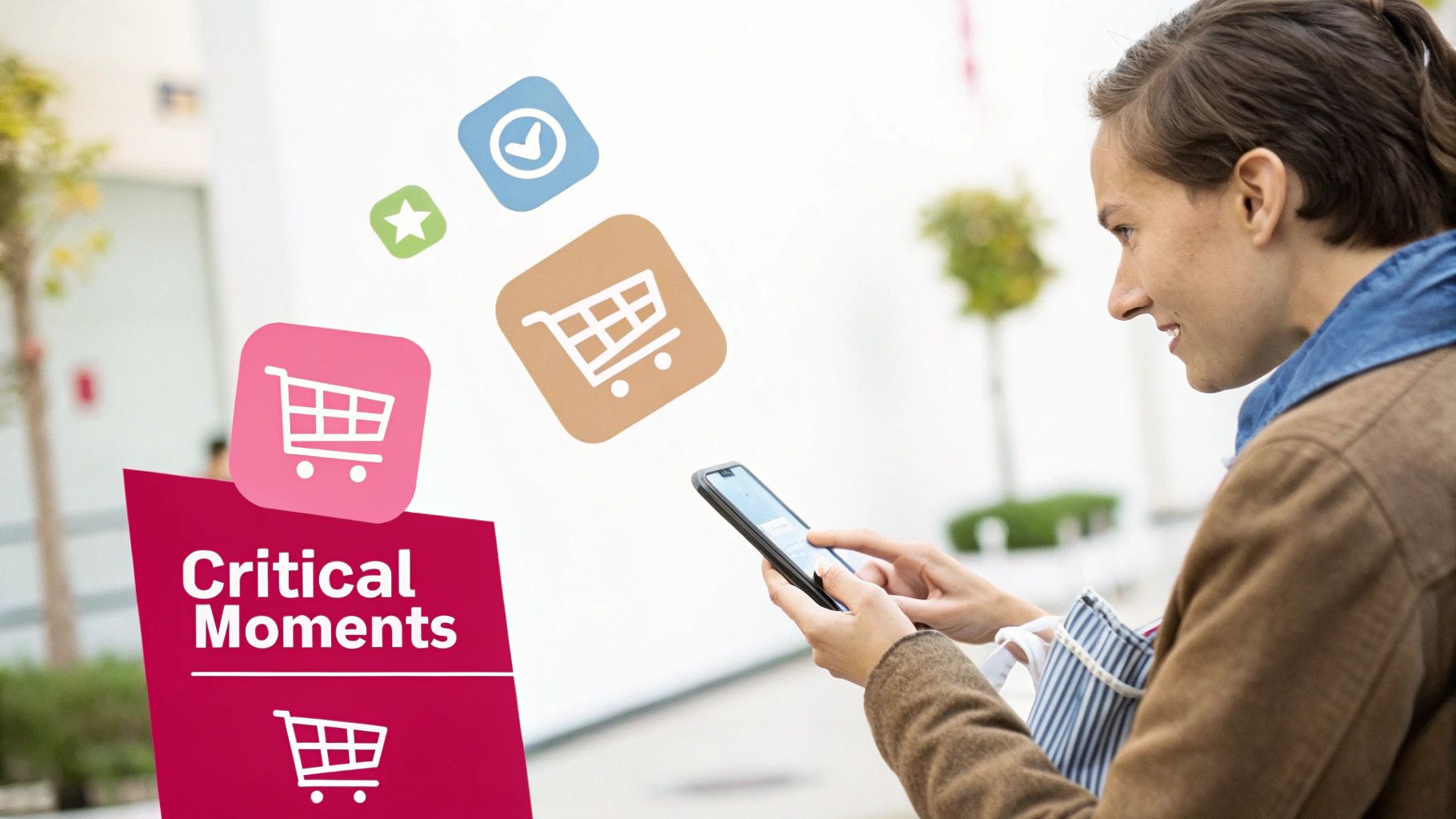 A person using a mobile phone to interact with a brand, representing a critical touchpoint.