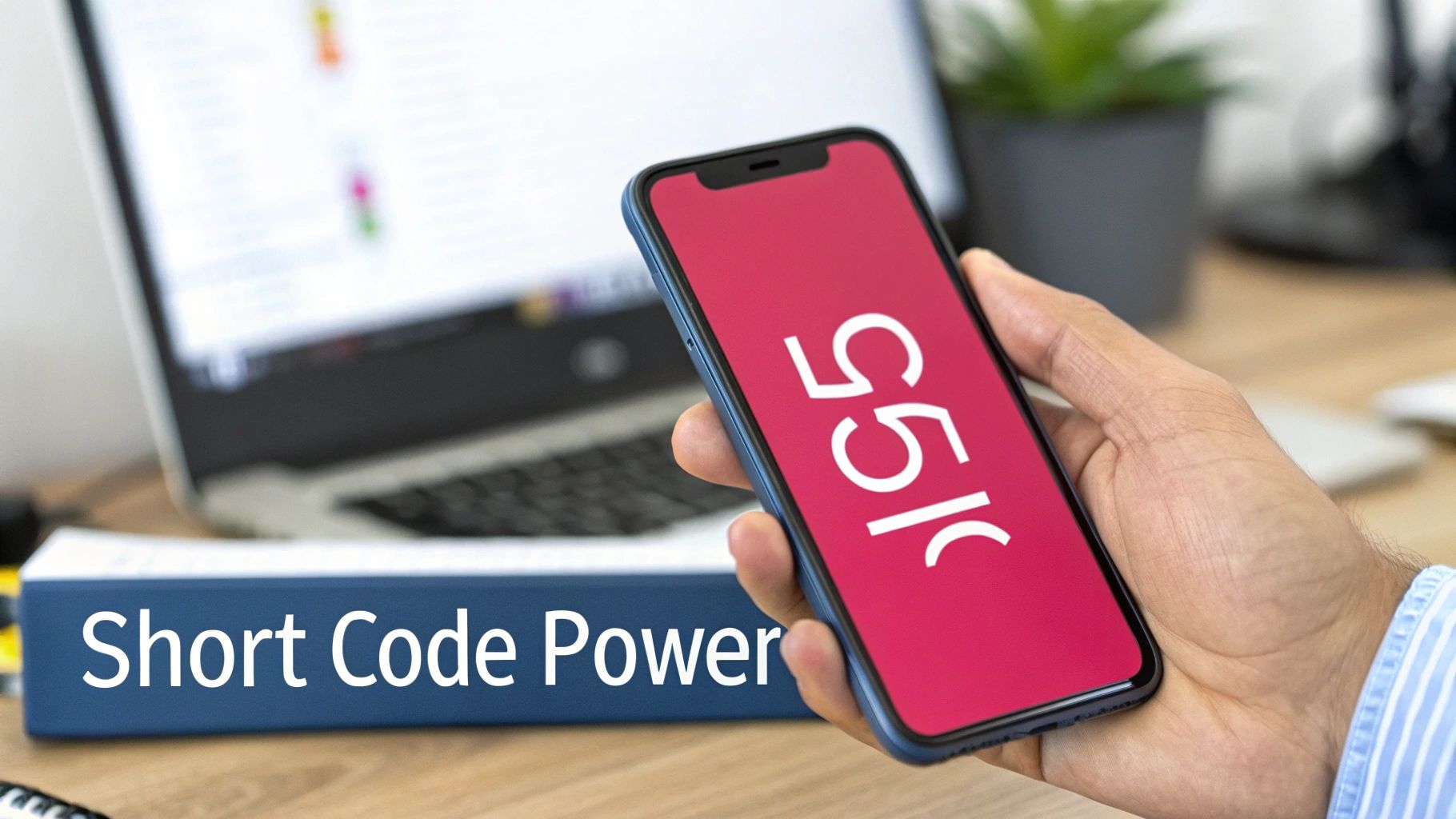 Person holding smartphone displaying 5G text on pink screen with laptop in background