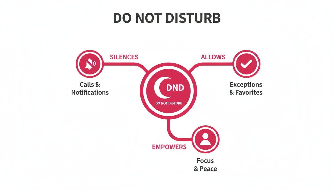 Infographic illustrating Do Not Disturb (DND) mode, explaining it silences notifications, allows exceptions, and helps users focus.
