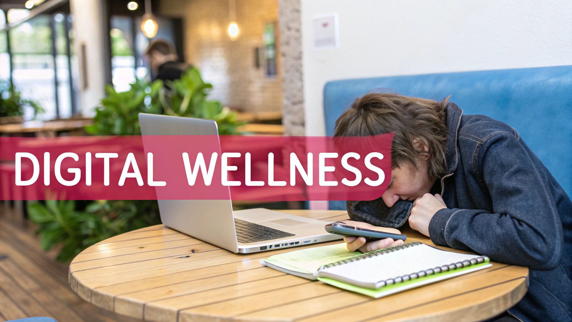 A young person looks exhausted, resting on a table beside a laptop and smartphone, emphasizing digital wellness.