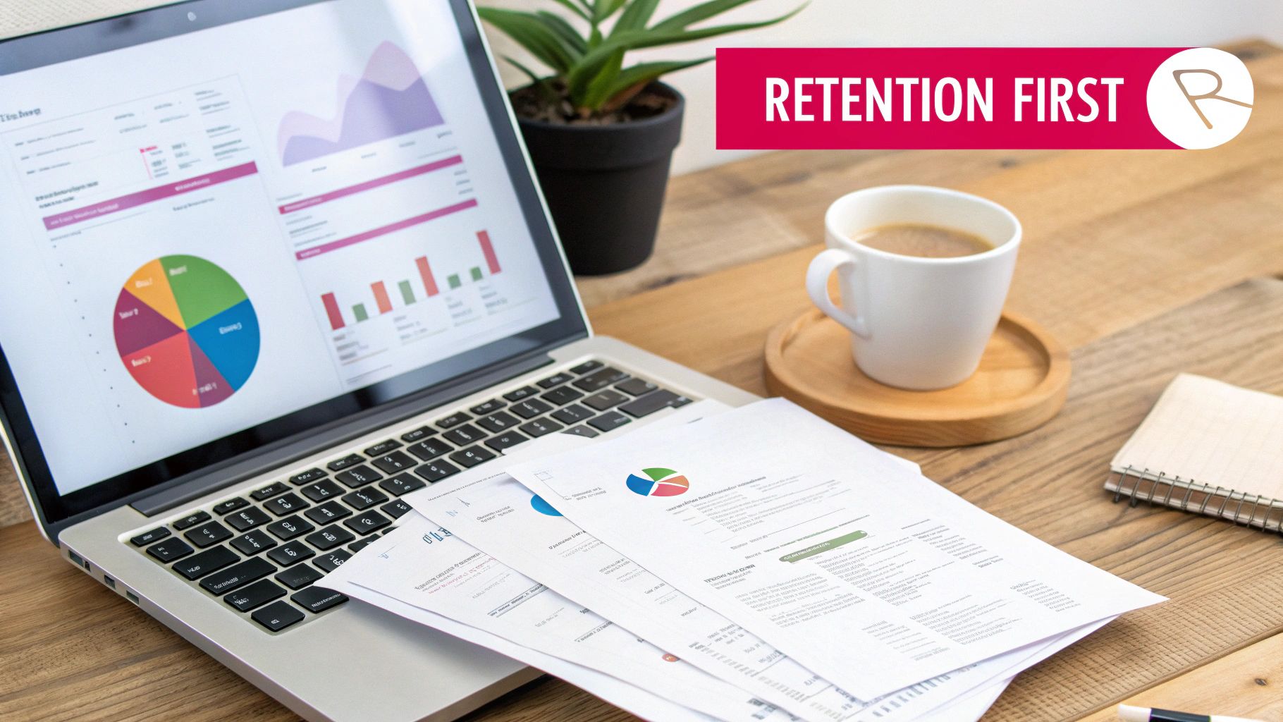 A modern workspace with a laptop displaying retention analytics, documents, coffee, and a 'Retention First' banner.