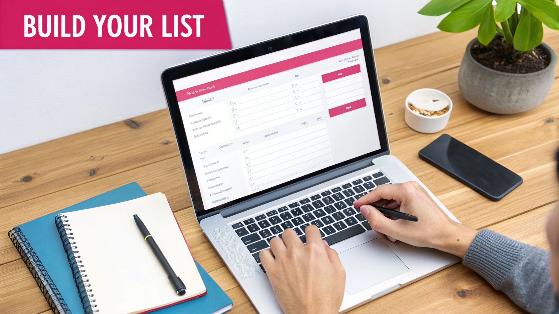 Person building a list on a laptop, with a notebook, pen, and smartphone on a wooden desk.
