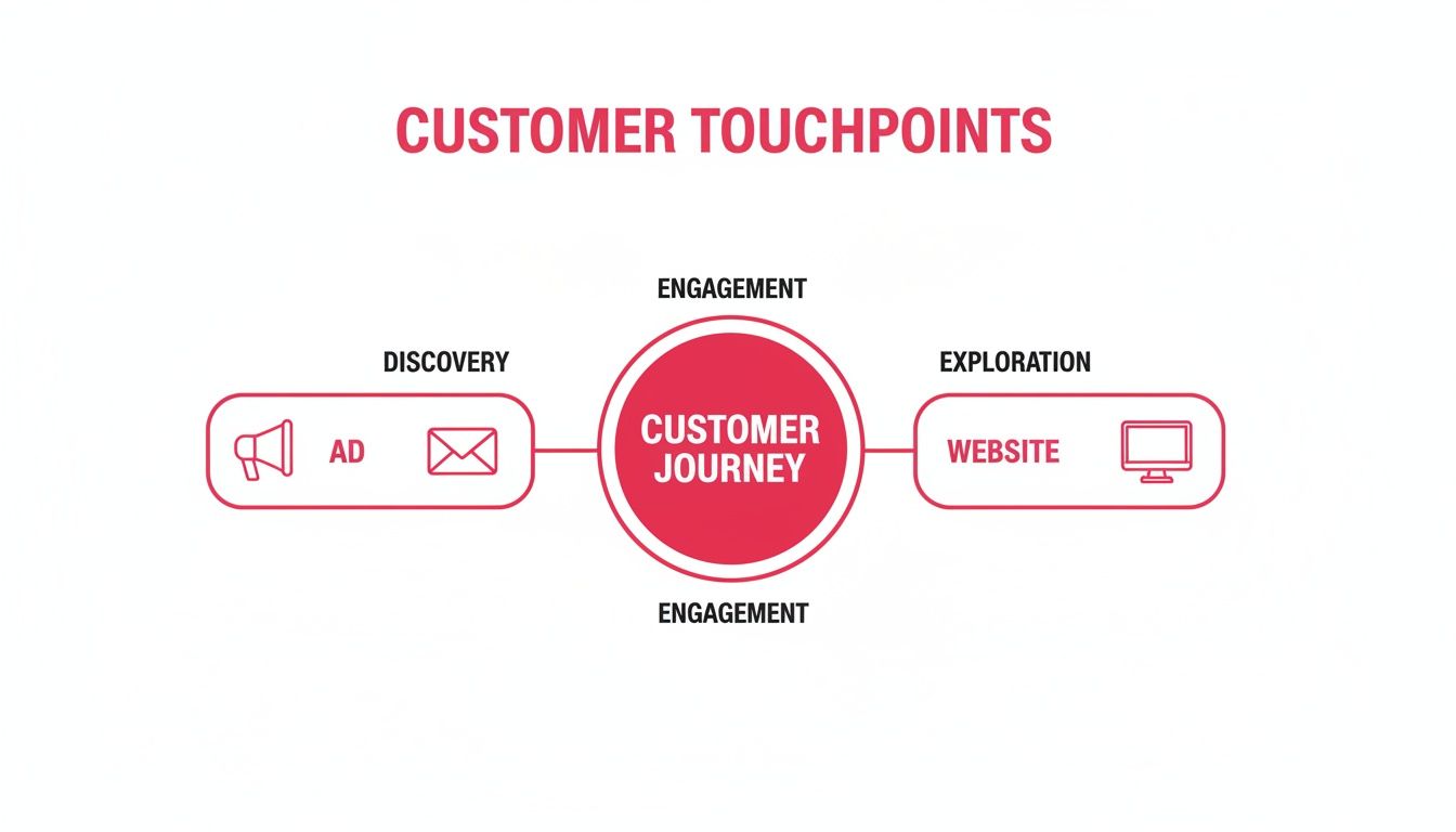 Diagram illustrating customer journey touchpoints: discovery (ad, email), engagement, and exploration (website).