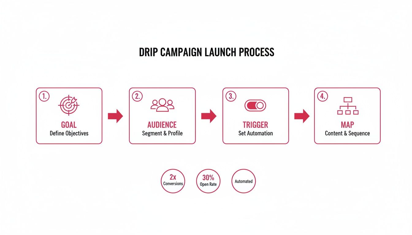 A visual guide detailing the four steps of a drip campaign launch process: Goal, Audience, Trigger, and Map.