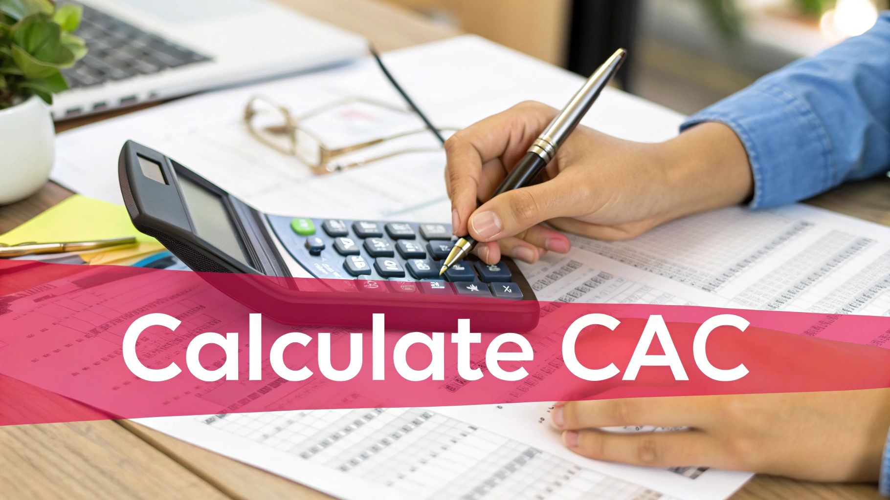 A person uses a calculator and pen on documents with a 'Calculate CAC' text overlay.